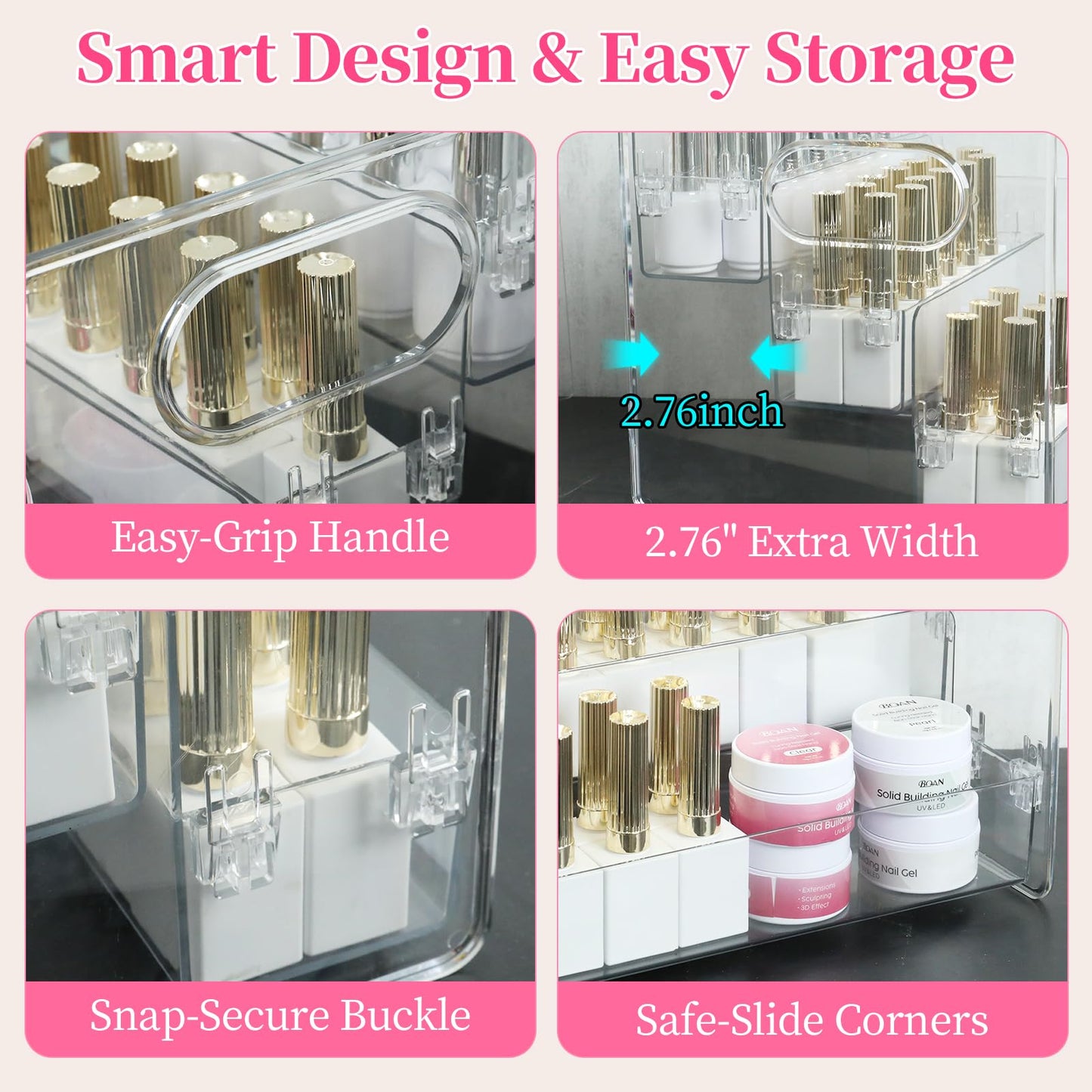 BQAN 3-Tier Clear Acrylic Nail Polish Organizer Rack - Extra Wide Storage Display Stand for Nail Polish, Essential Oils & Makeup with Built-in Handles