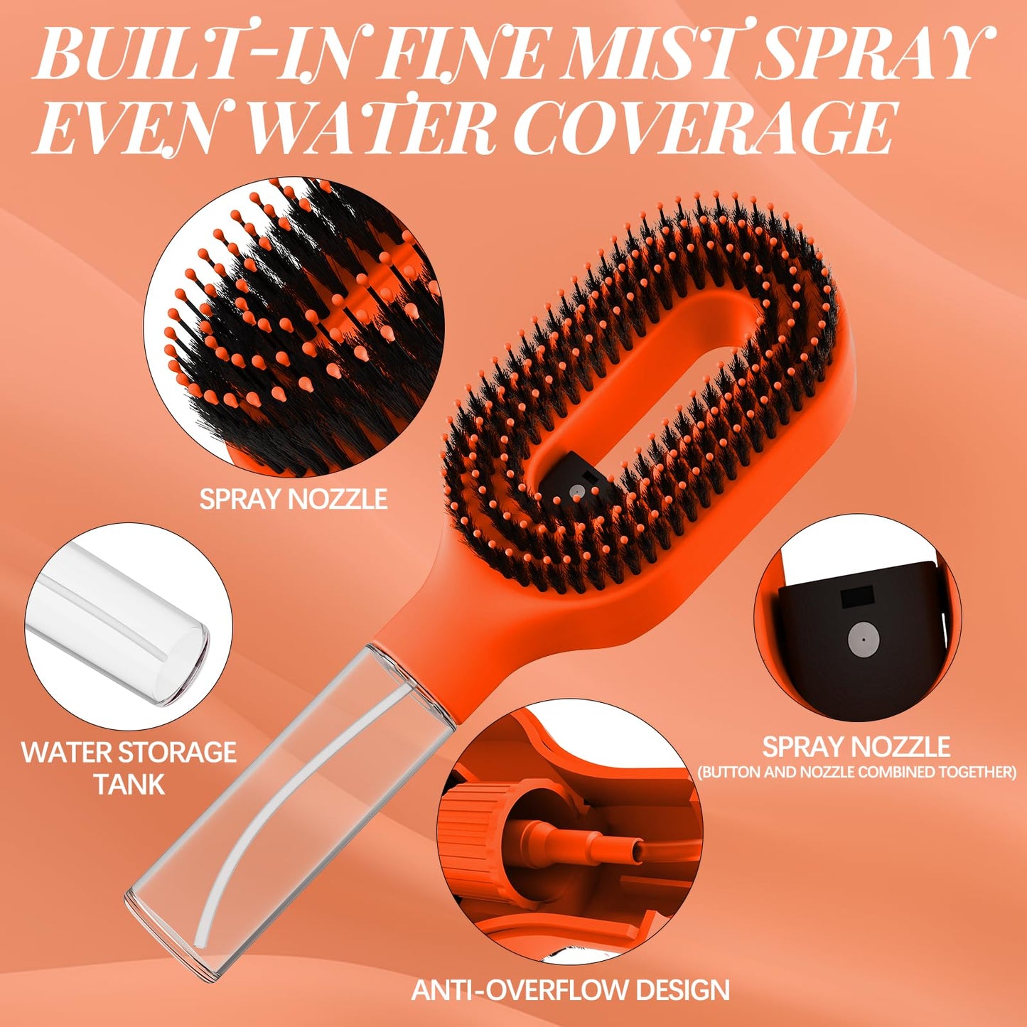 Anti-Frizz Hair Brush with Water Spray, Fine Mist Detangling Brush for Dry, Thick & Damaged Hair, 2-in-1 Wet & Dry Styling Brush with Built-In Water Reservoir(1, Orange)