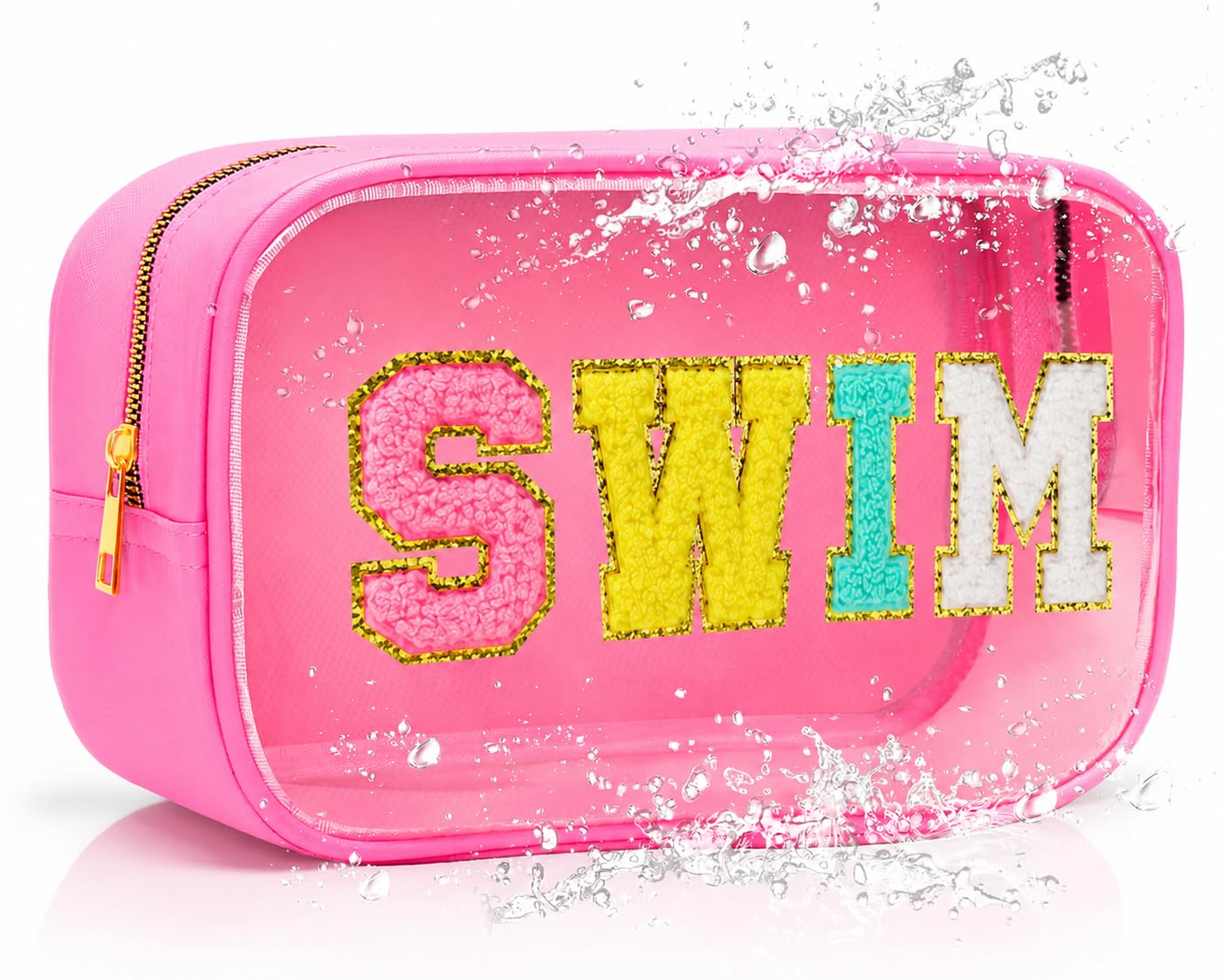 TRIP TIGER Sunscreen SPF Makeup Bag with SWIM Chenille Letters, Waterproof Clear Pink Cosmetic Bags for Women, Sunblock Organizer for Pool, Swim Team, Beach Travel Toiletry Sun Pouch