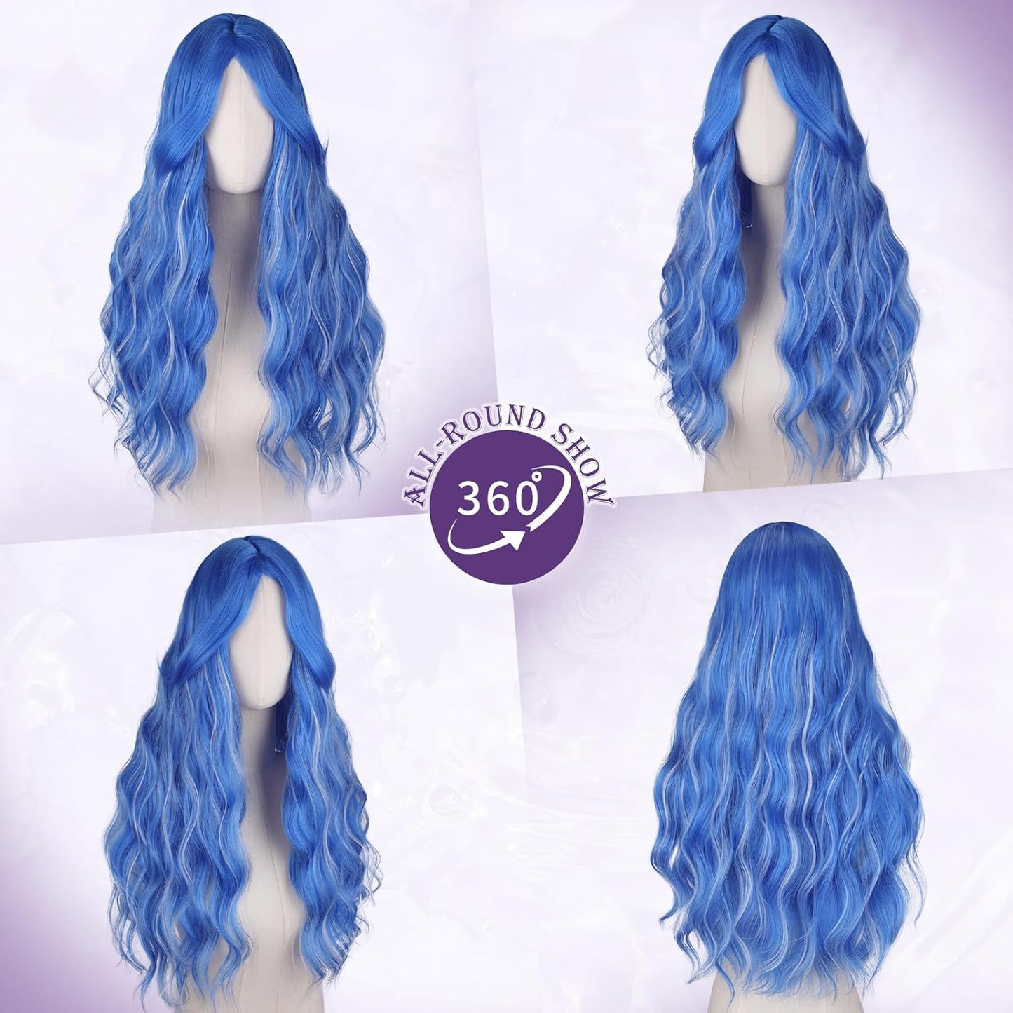 Blue Wigs with Curtain Bangs - Long Wavy Synthetic Hair Wig for Women | 26 Inch Blue Mixed Grey