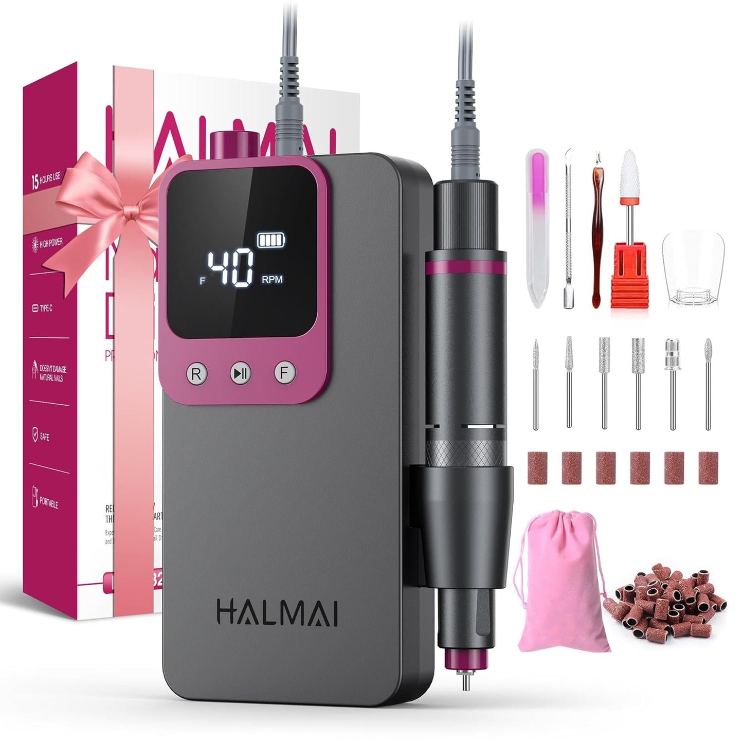 Electric Nail Drill - Professional Portable File for Acrylic Gel Nails | Cordless Rechargeable 40000RPM Efile Machine (Dark Grey)