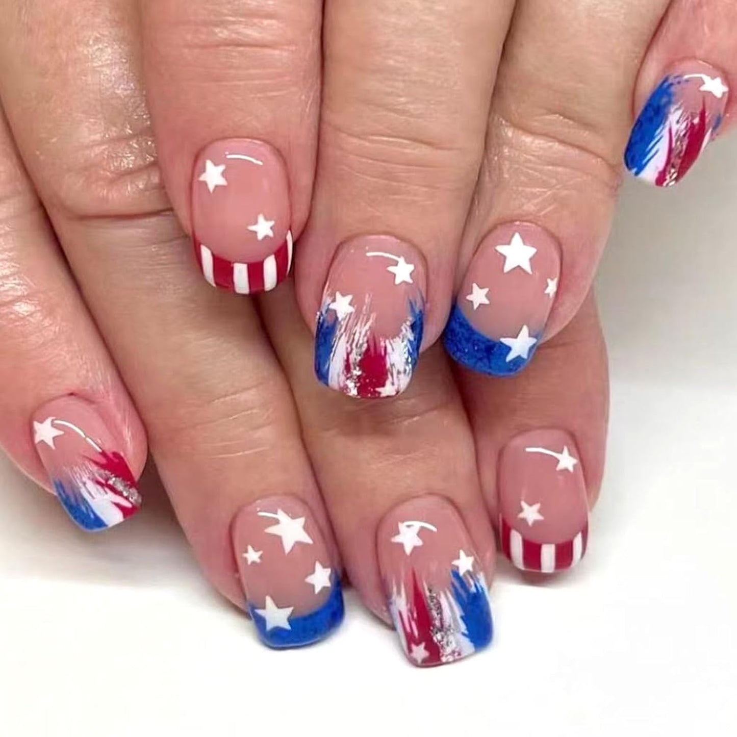 Press On Nails - Short Oval French Tip Design | Glossy Pink with Stars & American Flag - 24 Pcs