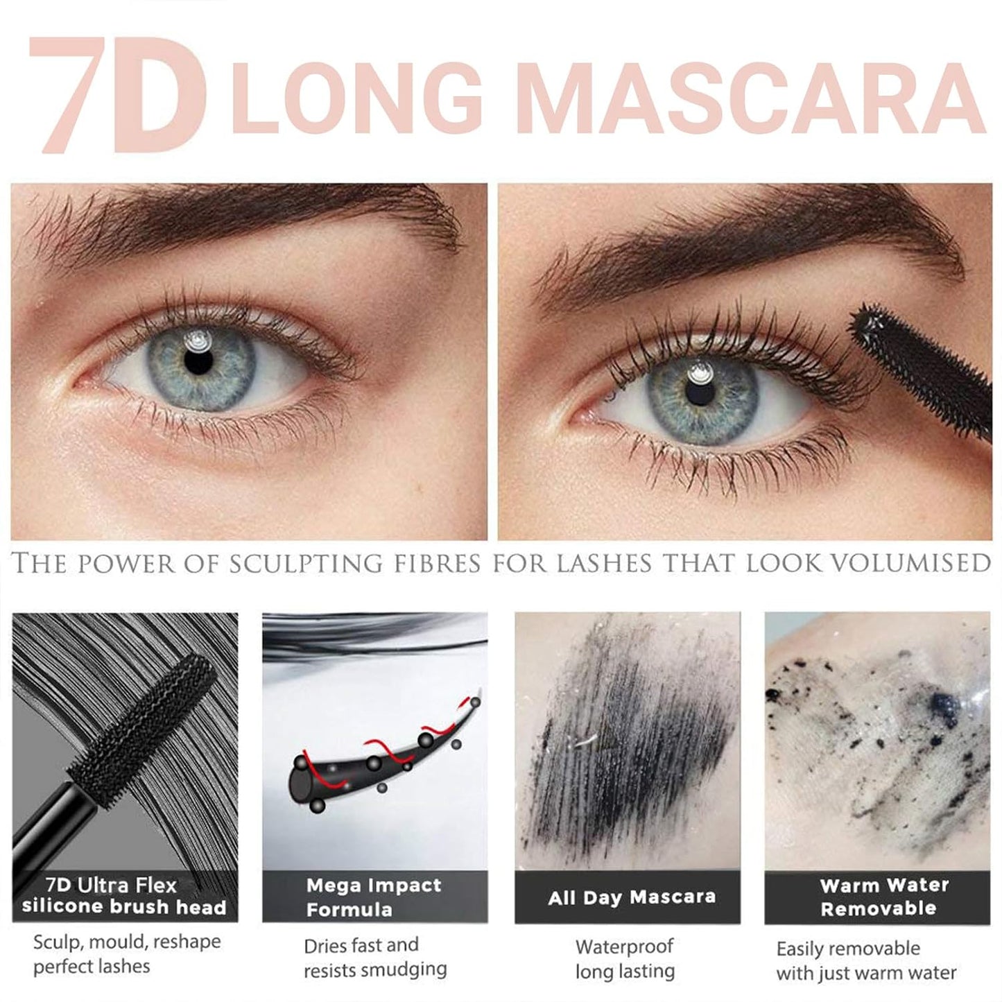 7D Mascara Fiber Lashes - Waterproof Black Formula for Thick, Softer, Fuller Lashes | 2-Pack