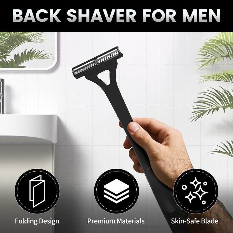 Back Shaver for Men with 8 Replacement Blades, Foldable Long Handle Body Hair Remover, Manual Back Razor Groomer for Men, Wet or Dry Shaving Body Trimmer for Smooth Hair Removal (Black)