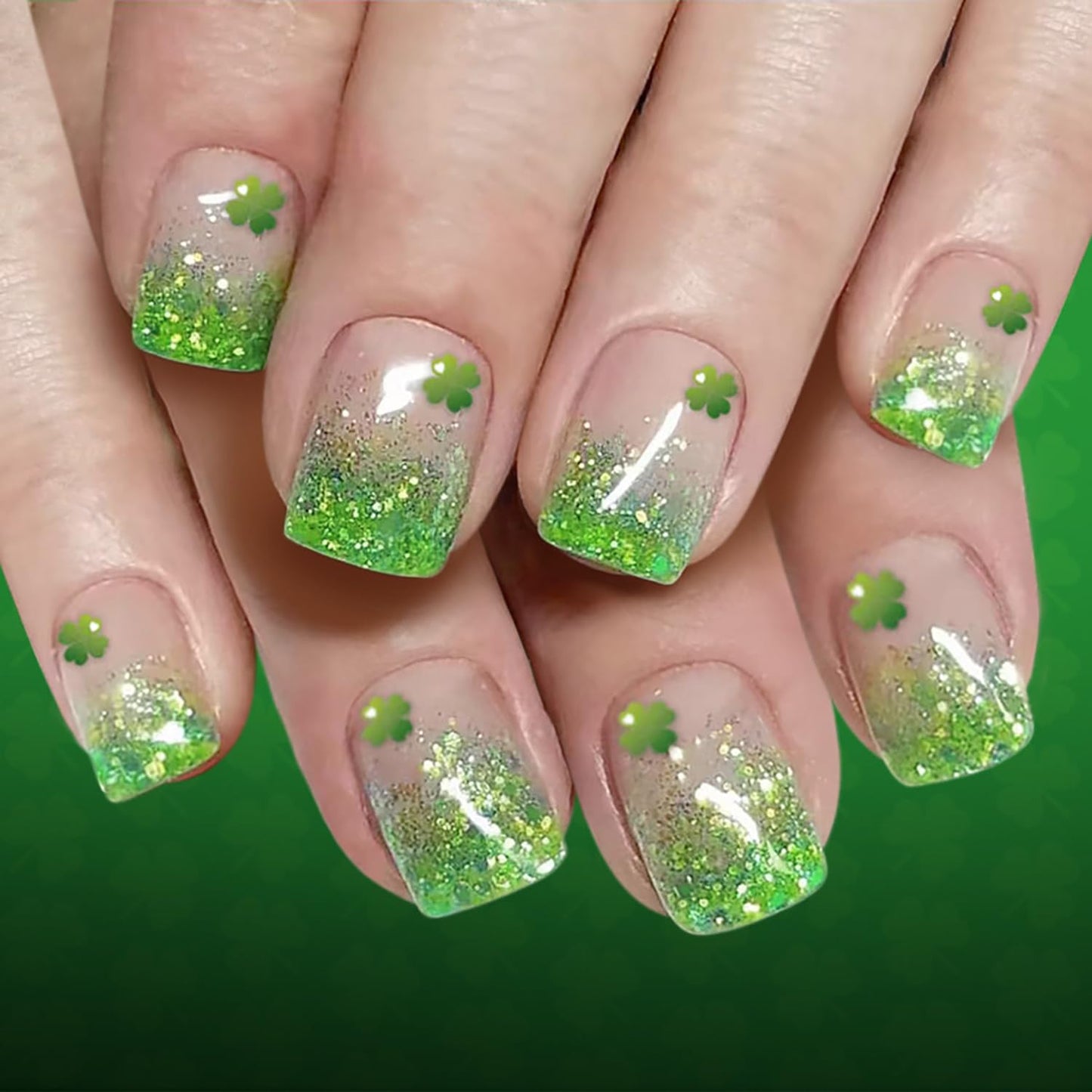 French Tip Press-On Nails - Short Square Floral Design with 3D Rhinestones | 24 Pcs Glossy Acrylic Set