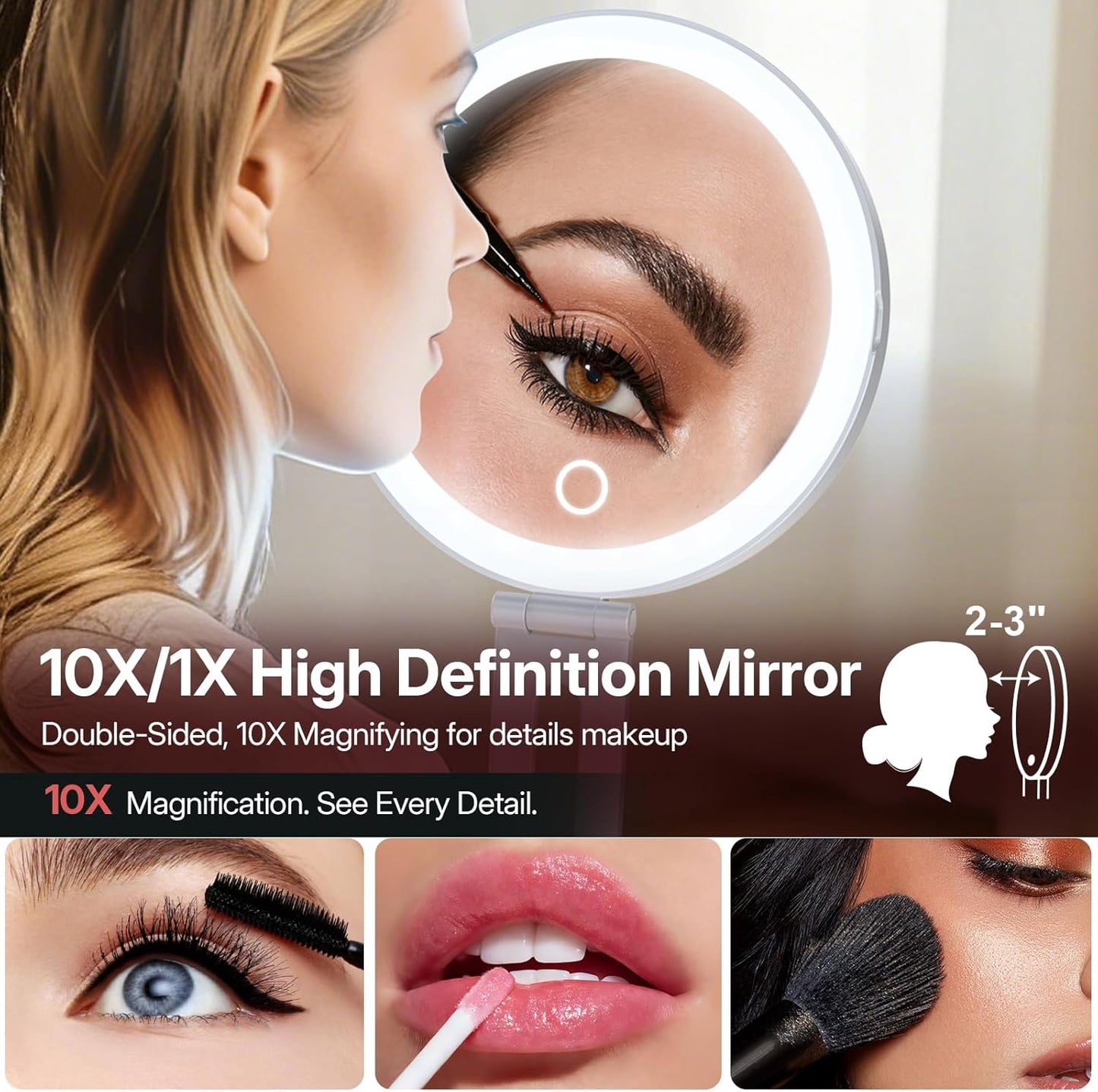 Travel Mirror with Lights - Foldable Double-Sided 10X/1X Magnifying | Rechargeable & Portable Lighted Makeup Mirror with Dimmable Touch Screen