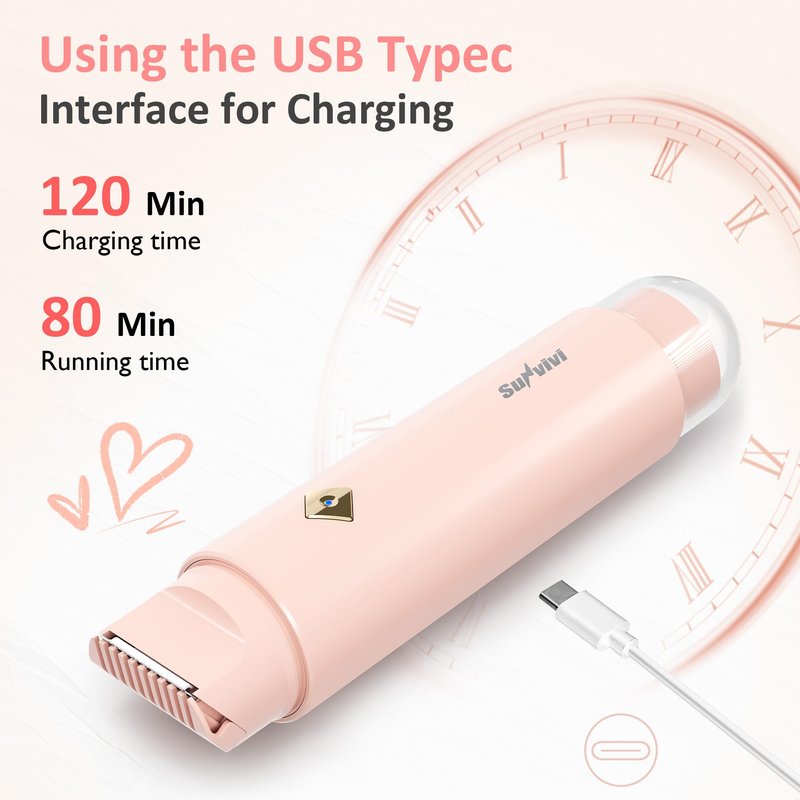 SUNVIVI Bikini Trimmer for Women: IPX6 Waterproof Dual Head Pubic Razor, Painless Face Shaver Body Trimmer, Portable Hair Removal Kit for Bikini Underarm Leg Arm Body Face, Pink