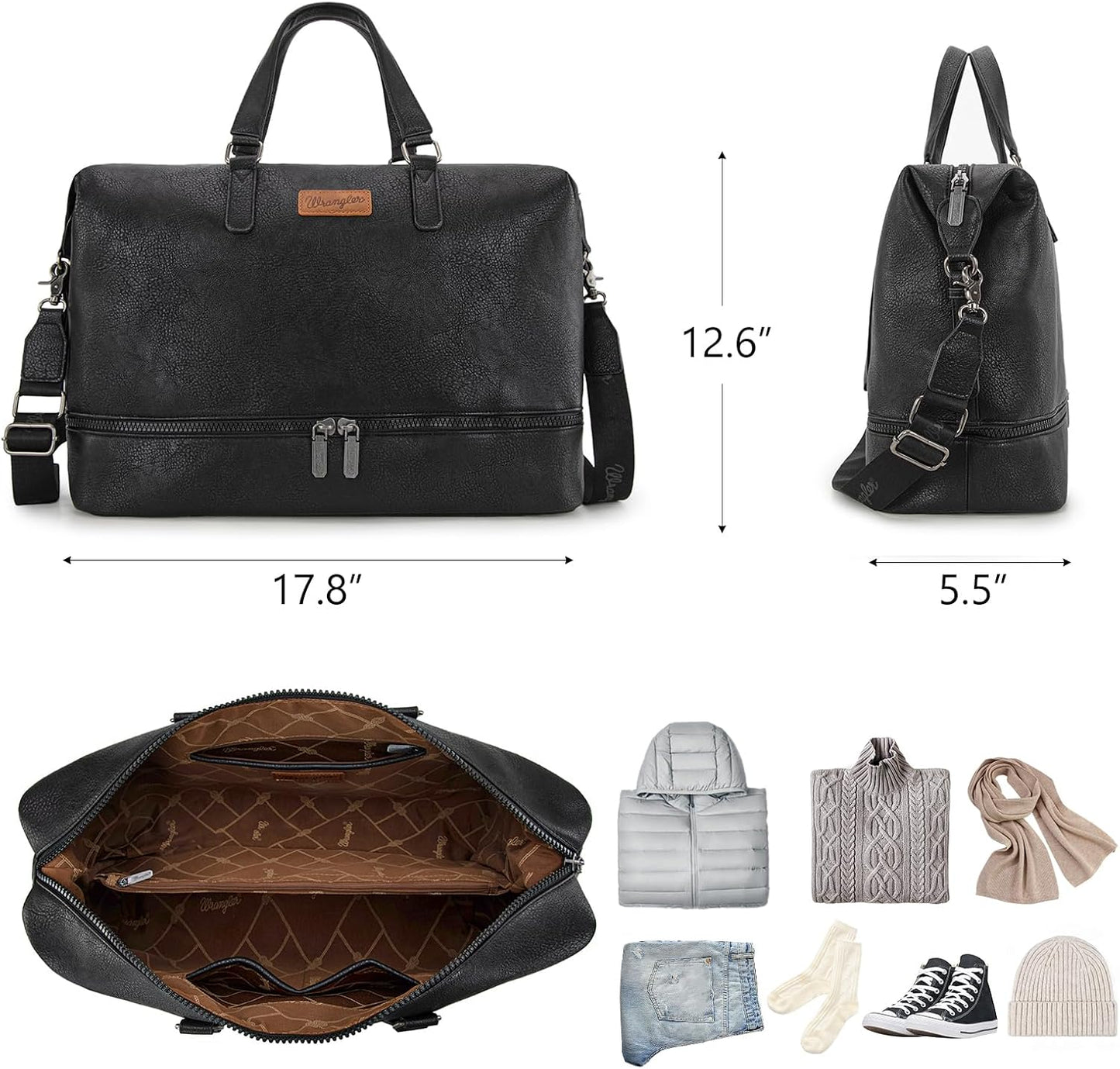 Travel Duffel Bag - Wrangler Carry-On Overnight Bag with Shoe Compartment | Women’s Weekender Bag - Black