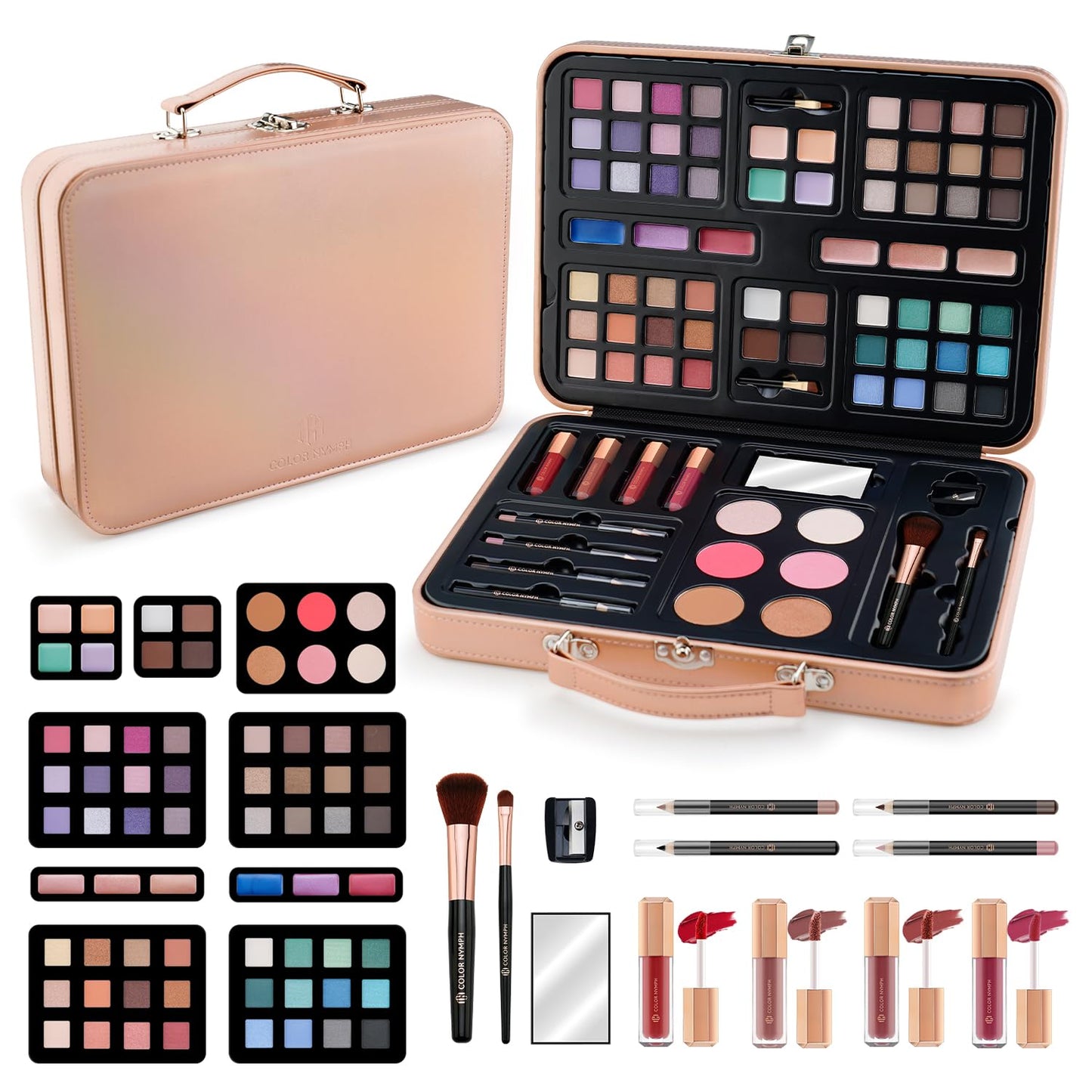 Multipurpose Makeup Kit for Teens | Non-Toxic Travel Set with Eyeshadows, Blush, Highlighter & Brushes - Gold Case