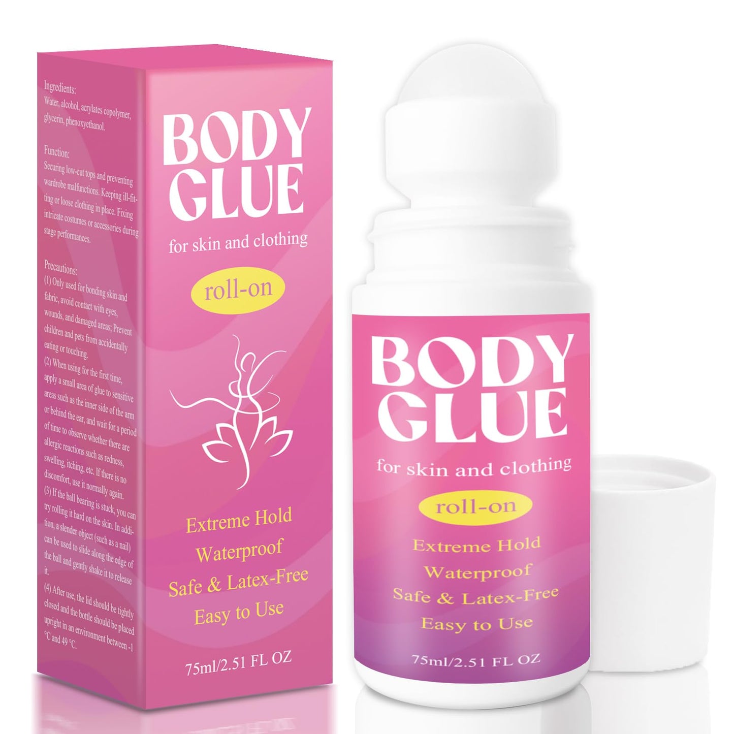 Strong Hold Body Glue for Skin and Fabric, Roll On Clothing Adhesive for Dresses and Dance Costumes, Sweat Resistant Fashion Glue for Socks, Strapless Tops, Performance Wear, 75ml (75ml)