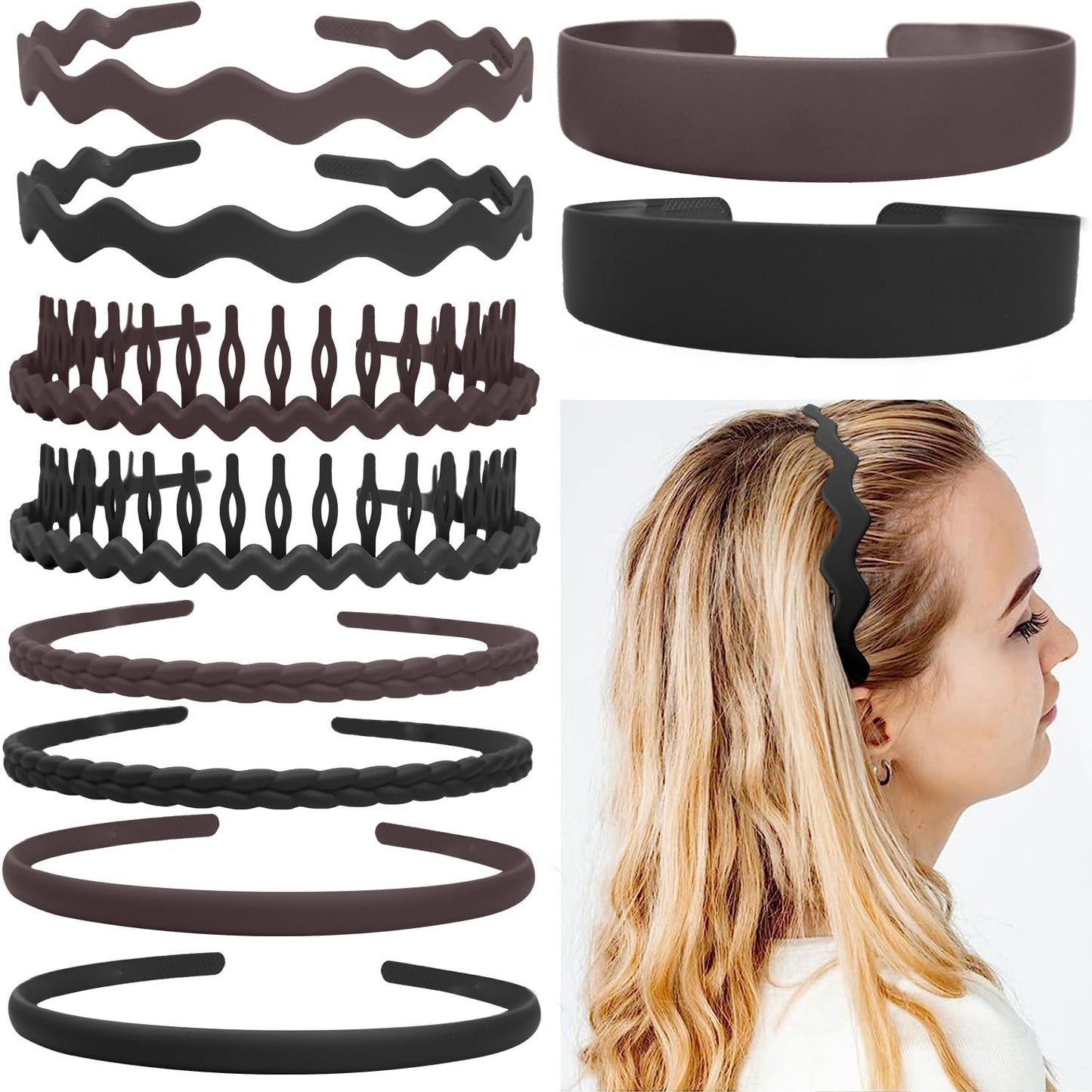 LAPOHI 8-Piece No-Slip Plastic Headbands Set - Effortless Style for Women, Men & Teens | Black