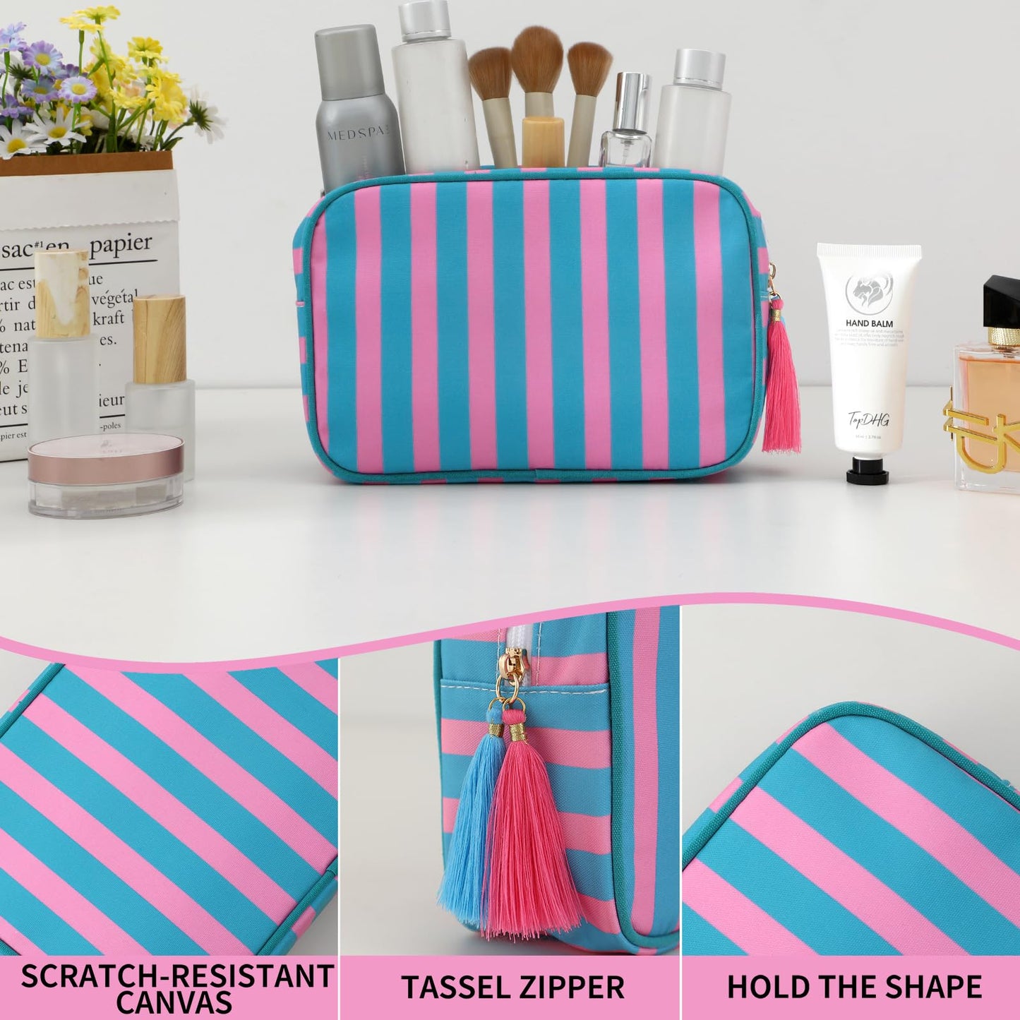 EMBRUNIOICE Stripe Makeup Bag Travel Cosmetic Bag Organizer Tassel Toiletry Bag Large Canvas Zipper Pouch and Accessories Storage Bag for Women (Pink with Green)