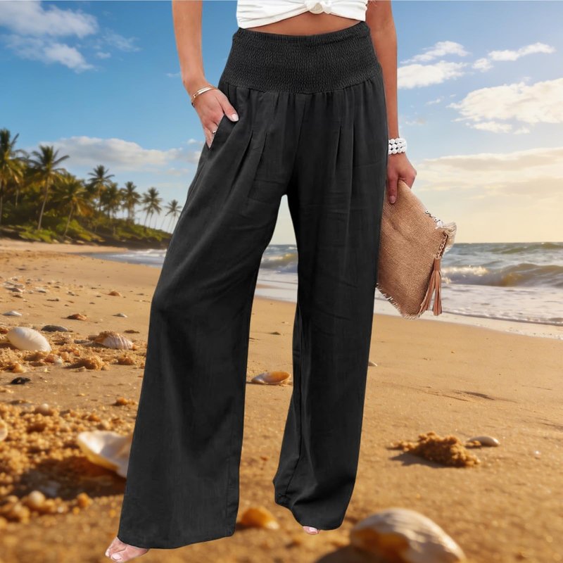 Womens Cotton Linen Pants High Waist Wide Leg Palazzo Lounge Trousers Elastic Waist Summer Casual Flowy Beach Clothes