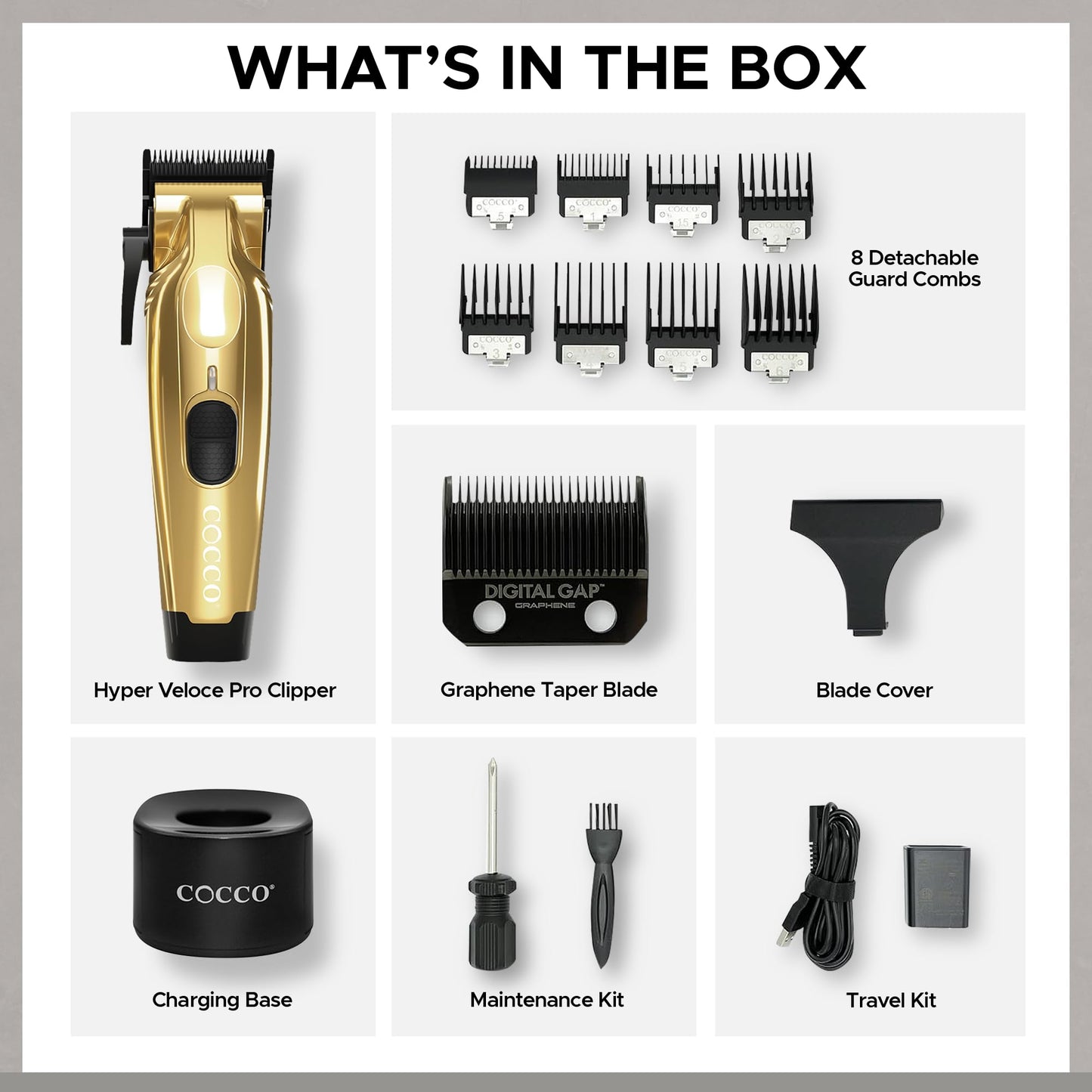 Cocco Veloce Pro Clipper, Digital Gap Ambassador Graphene Taper Blade Professional Hair Clippers, High-Torque BLDC Motor, All-Metal, Cordless, Charging Base Included, Gold