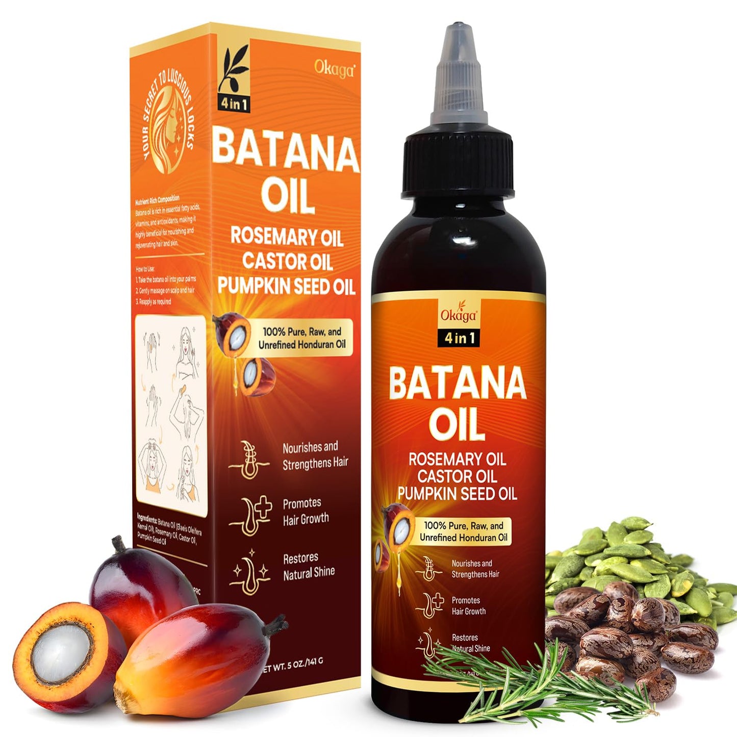 Batana Oil for Hair Growth - 100% Pure Unrefined Formula with Rosemary, Castor & Pumpkin Seed Oils | Nourishes & Strengthens Hair (5oz)