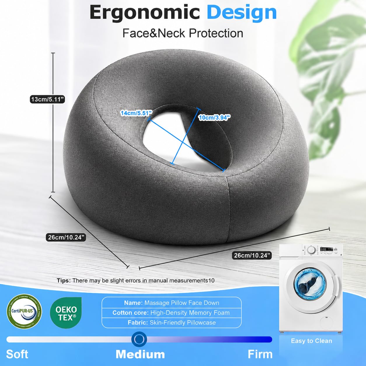 Goldencivetcat Face Down Pillow for Massage Table,Massage Headrest for Bed,Stomach Sleeping,BBL Pillow After Surgery,Post-Eye Surgery Recovery,Tanning Pillow with Removable Cover