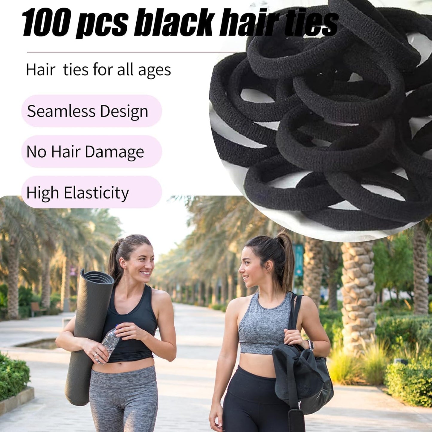 Black Nylon Hair Ties - 100 PCS Elastic No-Damage Bands | Seamless Ponytail Holders for All Hair Types