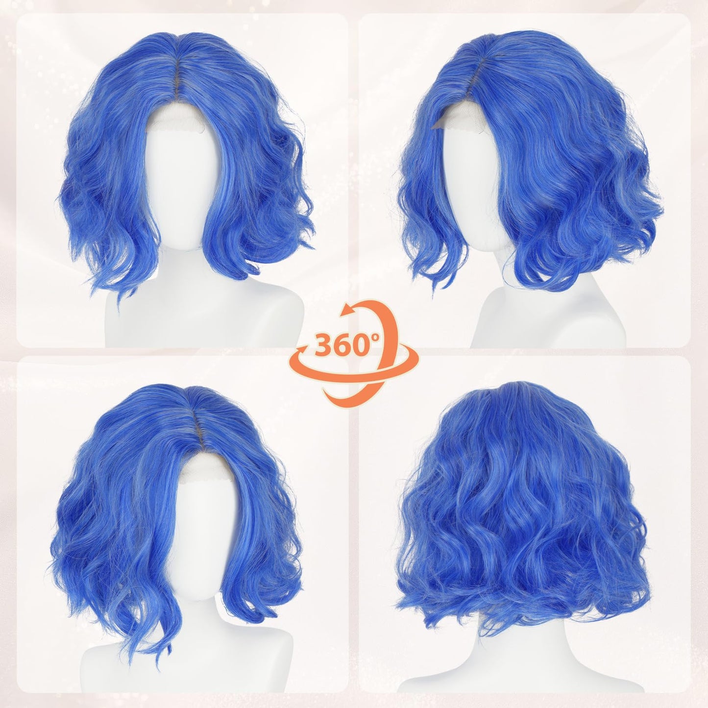 Haloo Blue Bob Wig for Women Lace Front Hairline Short Soft Wavy Curly Natural Looking Middle Part Synthetic Hair Wigs for Daily Party, 11 Inch Mixed Blue