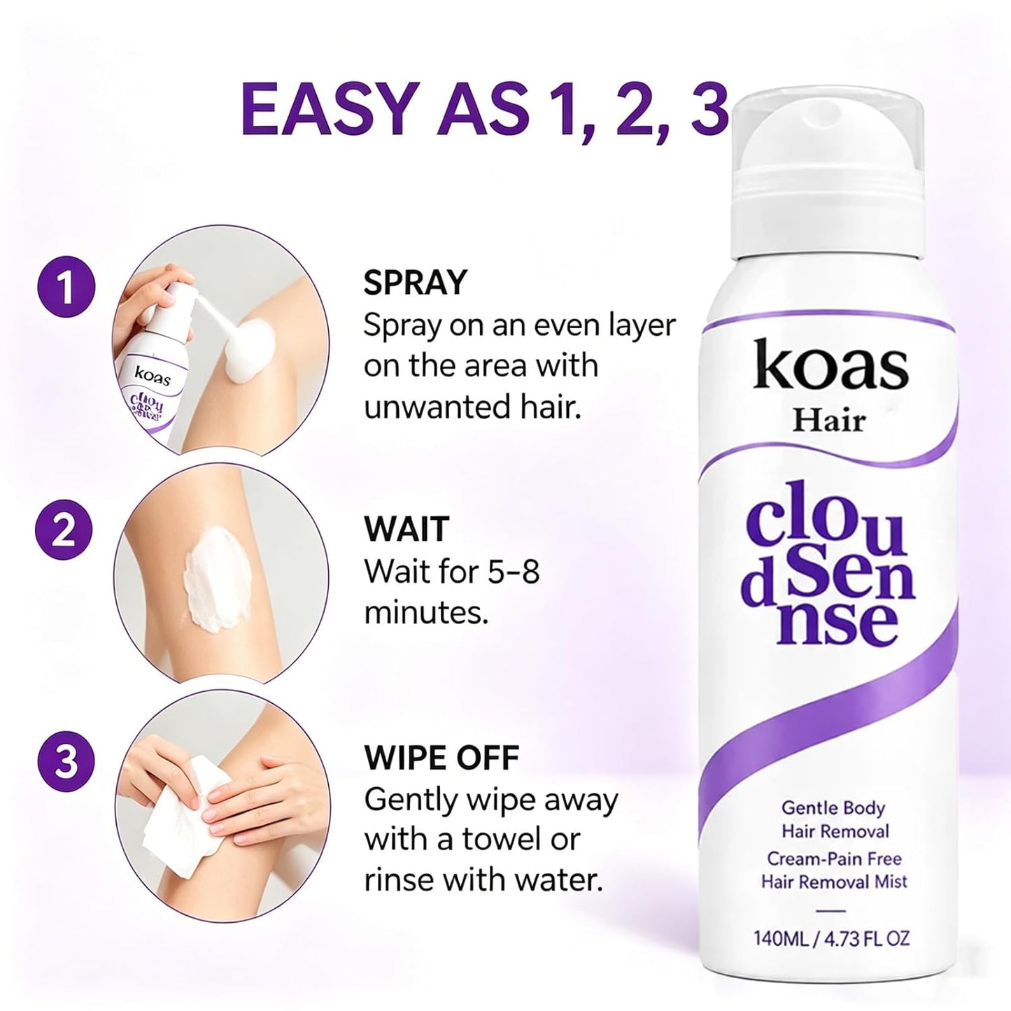 Koas Hair Removal Mousse - Gentle Hair Remover for Women & Men | Aloe Vera, Smooth Finish for Legs, Arms & Underarms (3 Pcs)