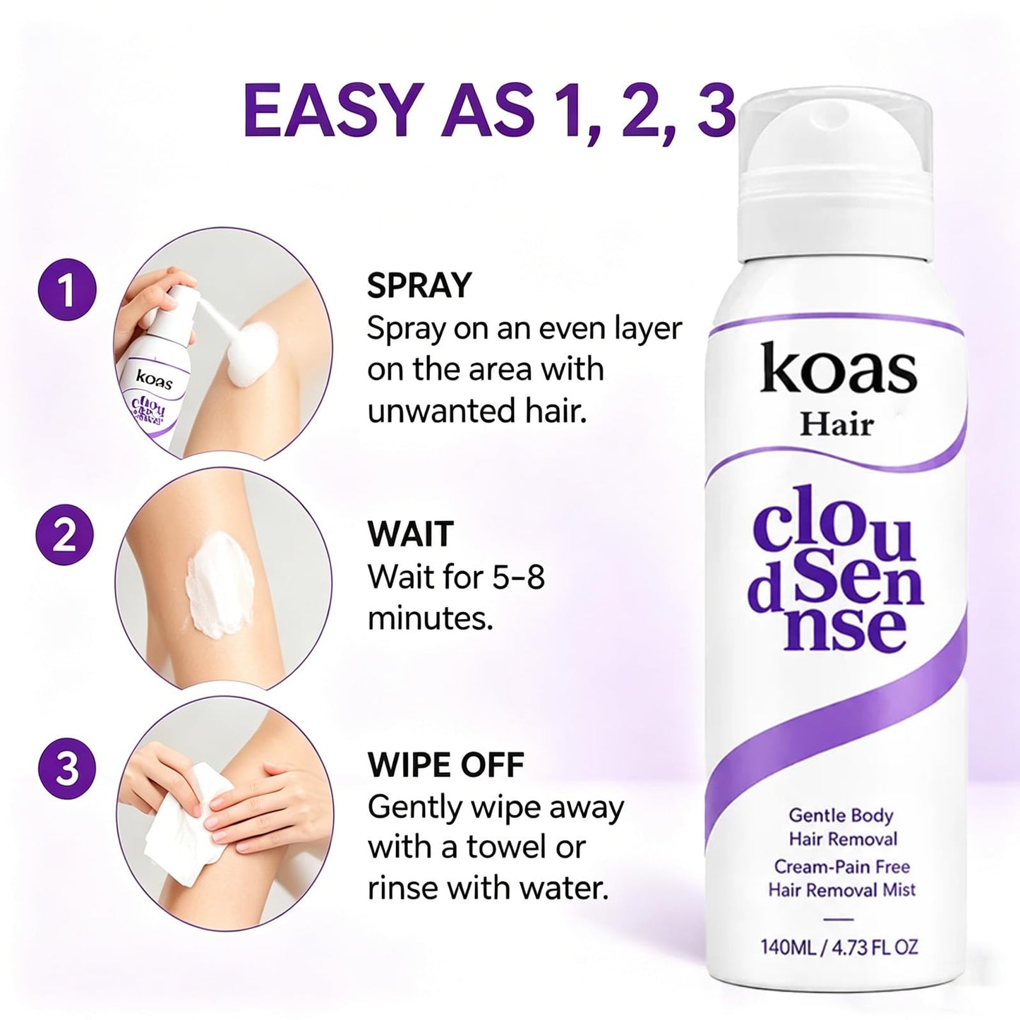 Koas Hair Removal Mousse for Women and Men, Gentle Body Skin-Softening Hair Removal Cream, Smooth-Looking Skin Hair Remover Spray For Legs, Arms & Underarms (3 Pcs, Aloe Vera)