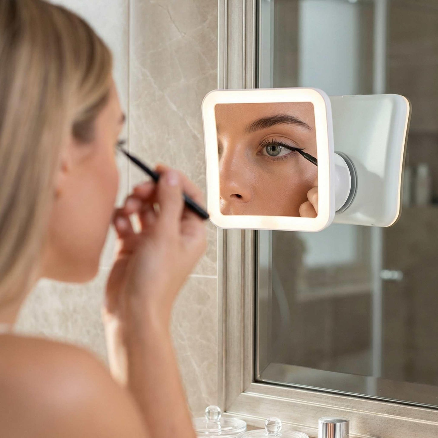 Fancii 10X Magnifying Lighted Makeup Mirror - Daylight LED Vanity Mirror - Compact, Cordless, Locking Suction, 6.5" Wide, 360 Rotation, Portable Illuminated Bathroom Mirror (Square)