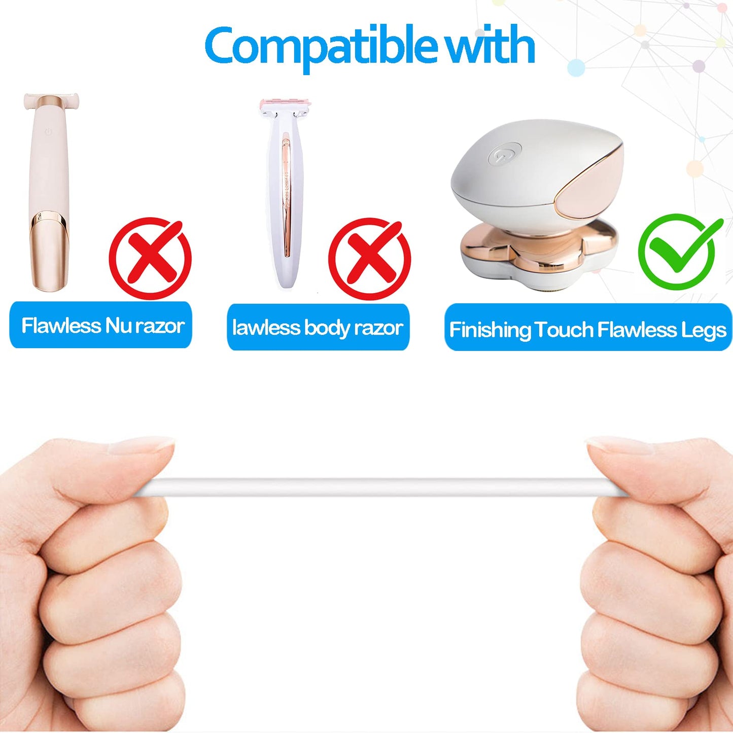 Charging Cable Replacement for Flawless Legs Shaver, 2 Pack Power Cord Electric Trimmer Charger Cable Charger Cord for Finishing Touch Flawless Legs Hair Remover Electric Shaver for Women, White