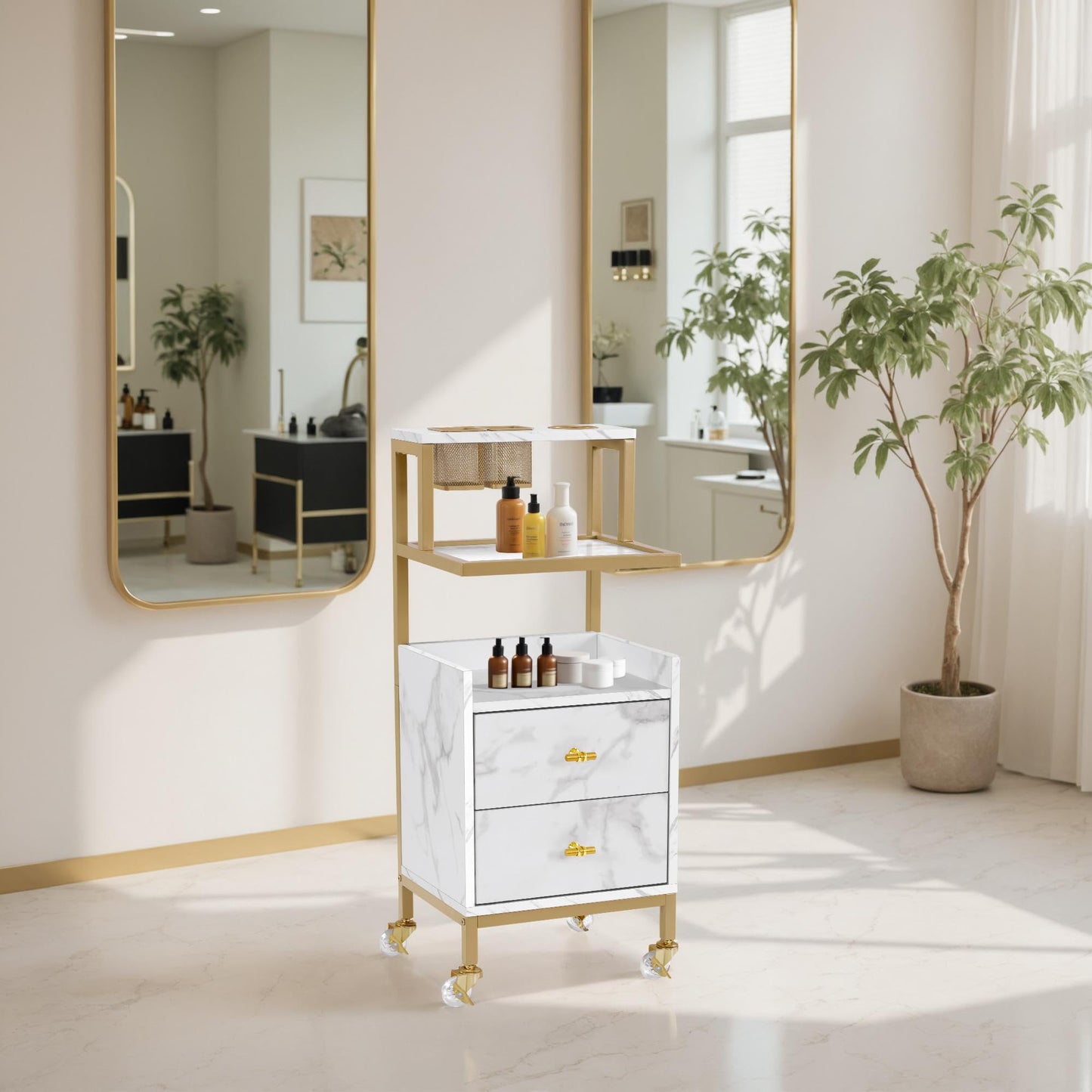 BarberPub Rolling Salon Cart with Storage Drawers, Barber Trolley with Metal Tool Holder & Basket, Beauty Salon Equipment for Hair Stylist 2084 (White Medium Size)