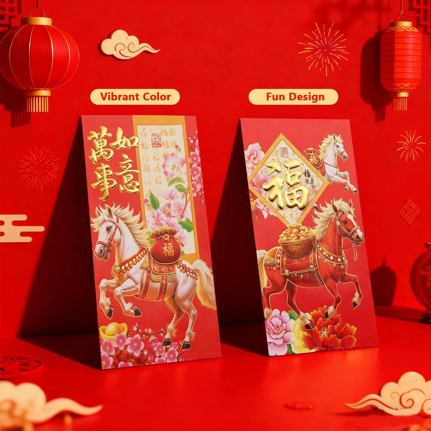 BRIOYHA 36 Pack Chinese New Year Red Envelopes, Year of the Horse Design Lucky Money Packets, 3.5x6.5 Inch Red Pockets for Lunar New Year Spring Festival Gifts