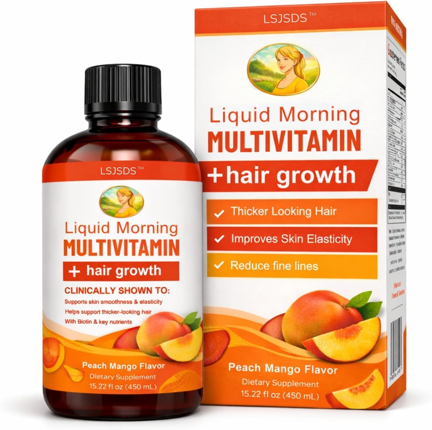 LSJSDS Liquid Multivitamin,Hair Growth,15.22 fl oz / 450ml,Support Healthy Skin,Promote Thicker,Fuller Hair,Reduce Wrinkles & Fine Lines (Peach Mango)
