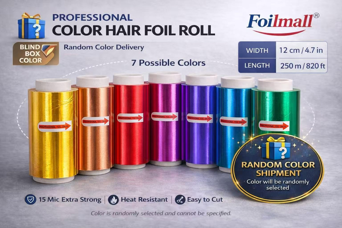 Foilmall Hairdressing Aluminum Foil Roll 12 cm x 250 m 15 mic Metallic Colours Random (4.7 in x 820 ft) Pack of 1 (250m (820ft) Pack of 1)