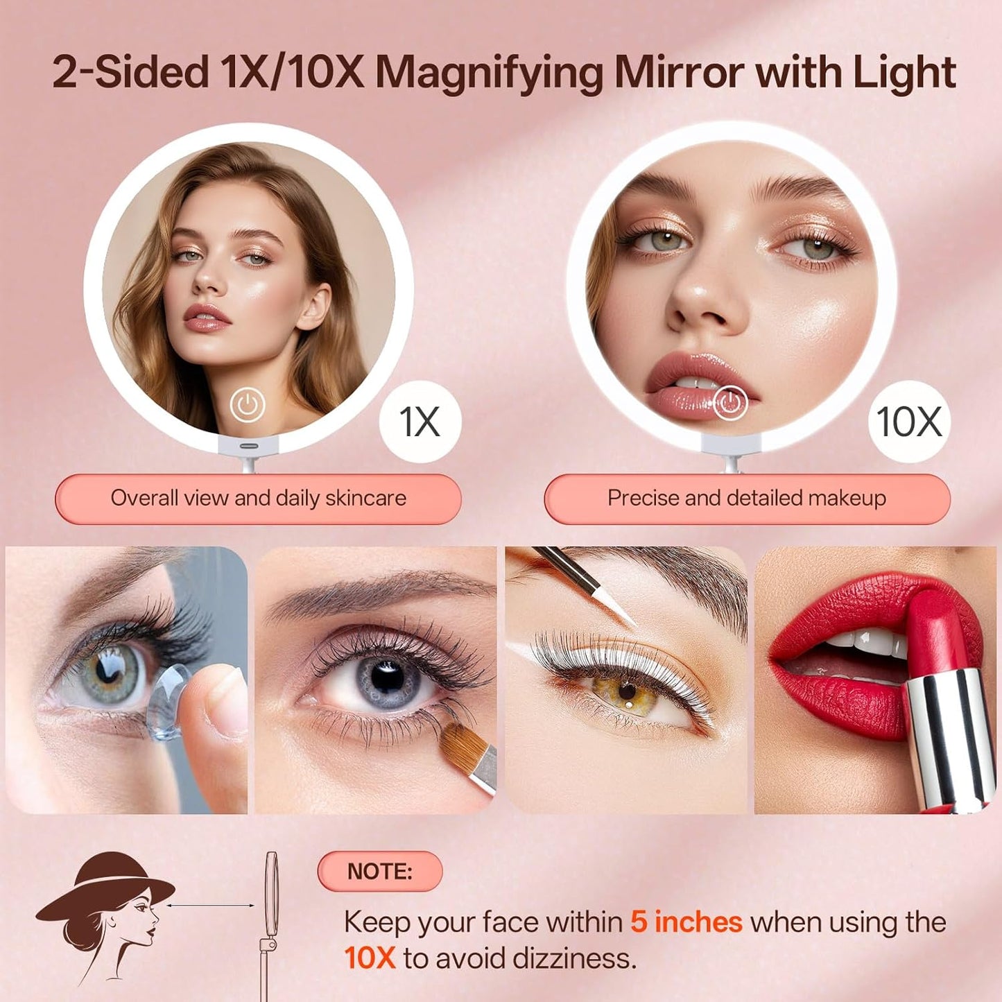 Travel Makeup Mirror with Lights - Double-Sided 10X/1X Magnifying | 3 Color Dimming, Foldable & 360° Adjustable