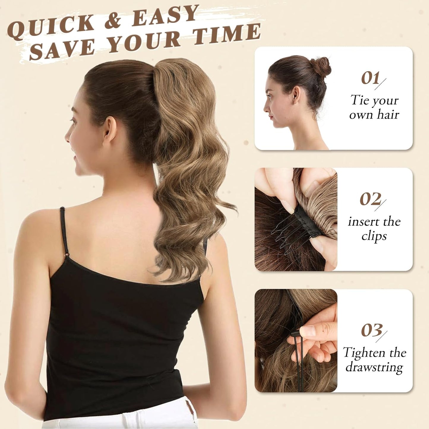 Short Wavy Drawstring Ponytail - 16 Inch Synthetic Clip-In Hair Extensions | Ash Brown Mix