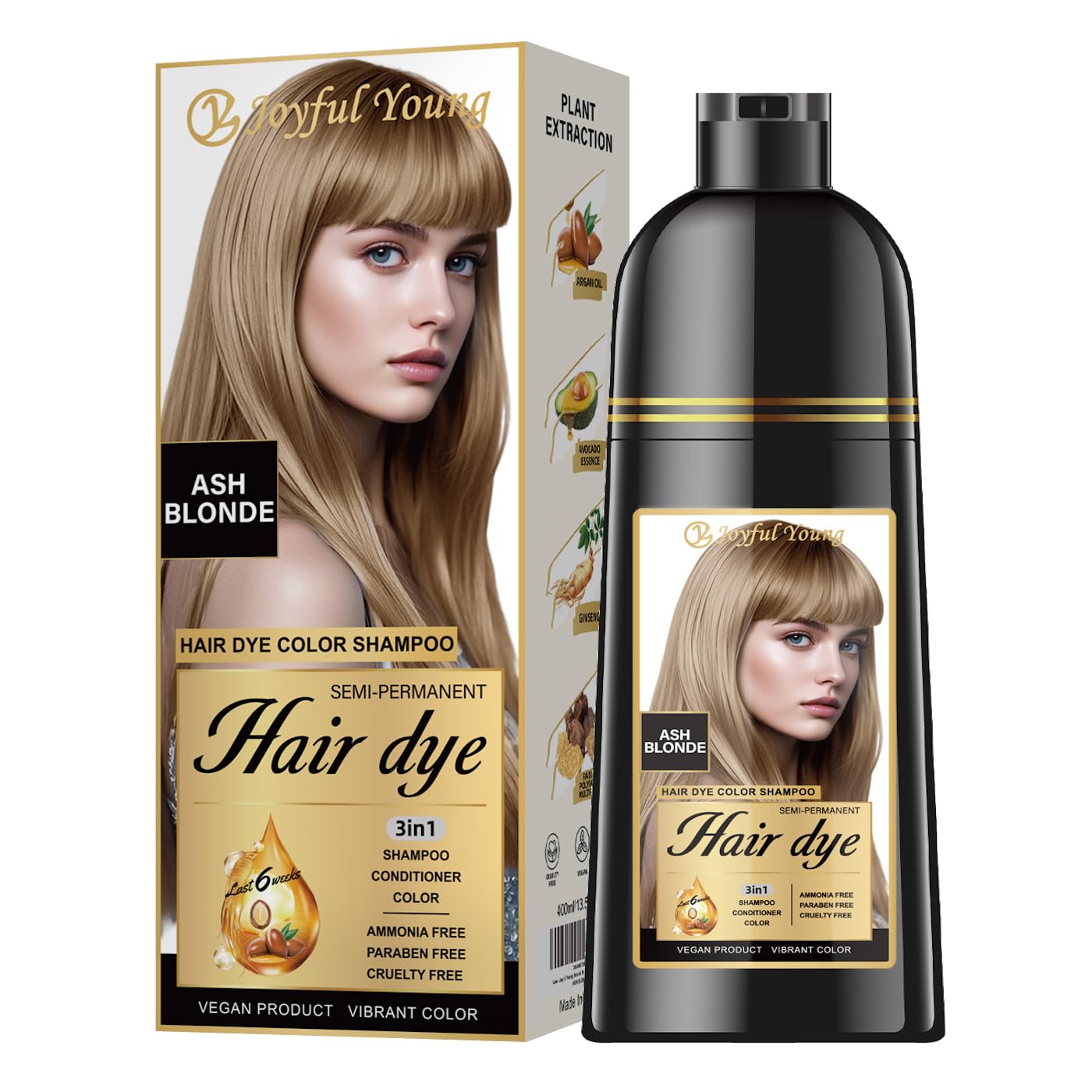 Joyful Young Hair Dye Shampoo - 3-in-1 Ash Brown Semi-Permanent Color Depositing Shampoo for Gray Hair | Vegan & Ammonia-Free