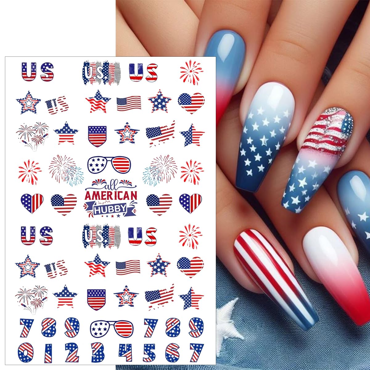 6 Sheets 4th of July Nail Stickers for Nail Art 3D Self Adhesive Independence Day Nail Art Stickers American Flag Stars Letters Fireworks Nail Decals Fourth of July Design Sticker for Women