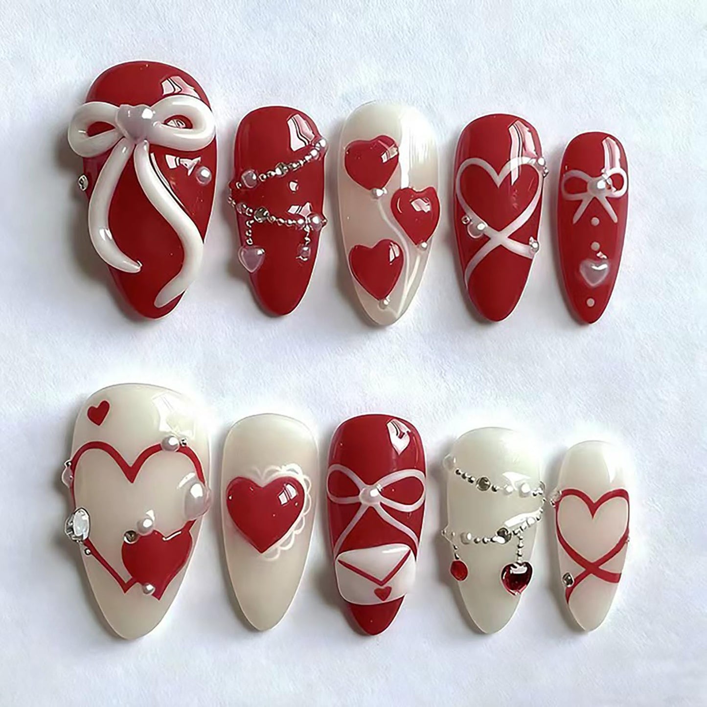 Leopard Print Press-On Nails - 30 Pcs Medium Almond Acrylic with Heart Pearl Bow & Rhinestones | Romantic Valentine’s French Tip Design