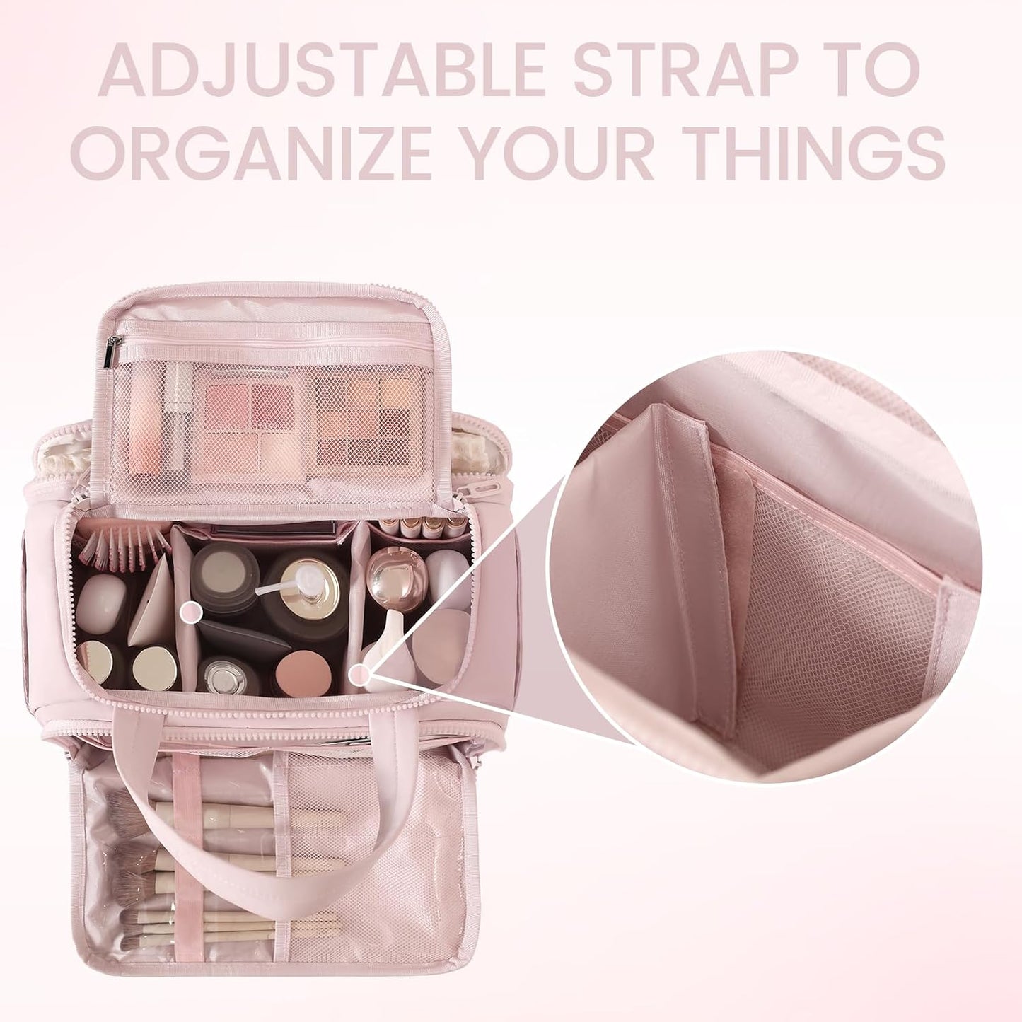 Puffy Toiletry Bag for Women - Large Travel Makeup Organizer with Adjustable Dividers | Light Pink