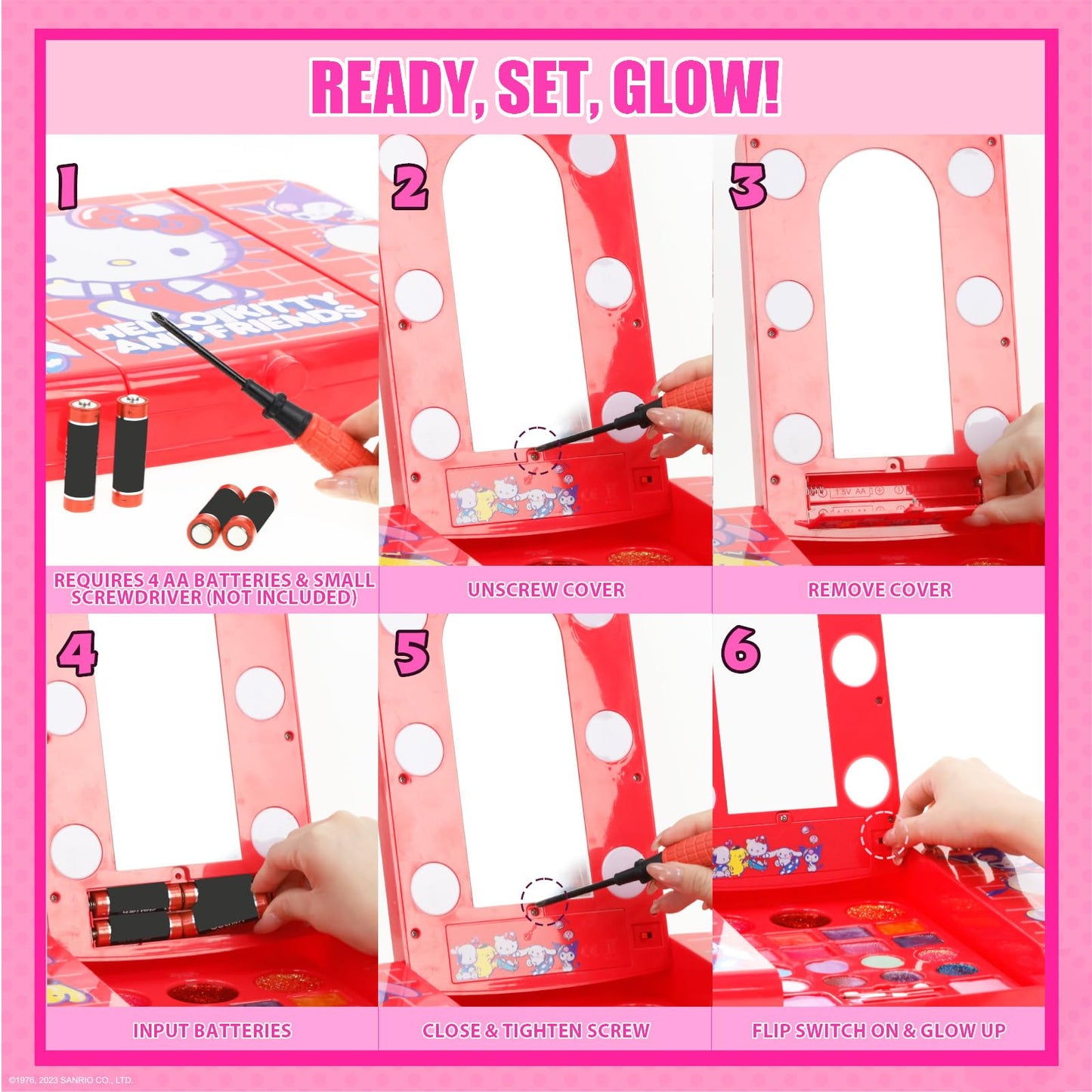 Hello Kitty and Friends Makeup Set for Kids, Beauty Vanity Set with Light-Up Mirror, Includes Lip Gloss, Eye Shadow, Brushes, Nail Polish, Accessories, and More! Gift for Ages 6+ by Townley Girl