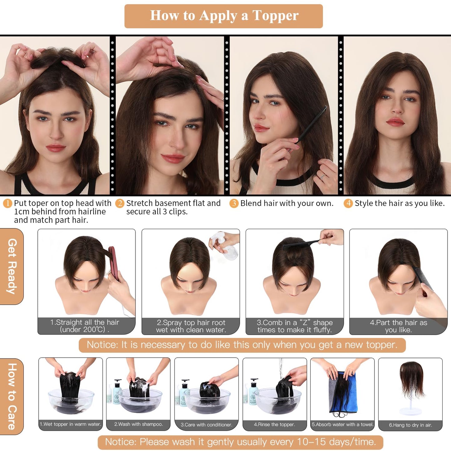 Human Hair Toppers for Women - Medium Brown with Warm Blonde Highlights | 10cm x 12cm