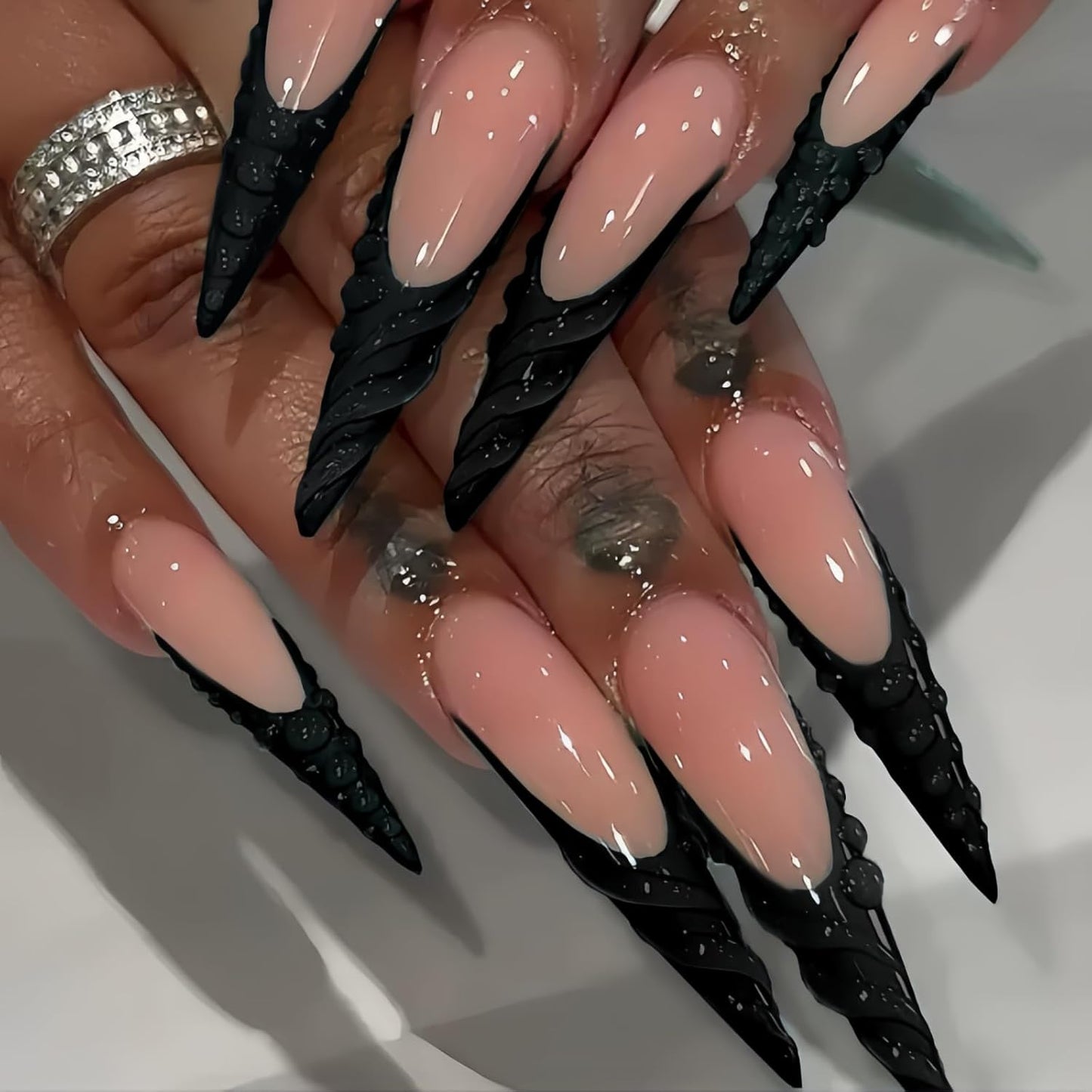 Almond Press-On Nails - Ombre French Tip with Butterfly Designs | 24 Pcs Set for Women