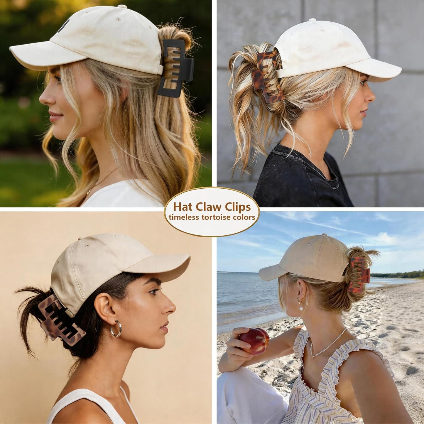 Hat-Friendly Claw Clips for Baseball Caps - 4 Pack Strong Hold Matte Tortoise Hair Accessories for Women | Perfect for Thick or Thin Hair