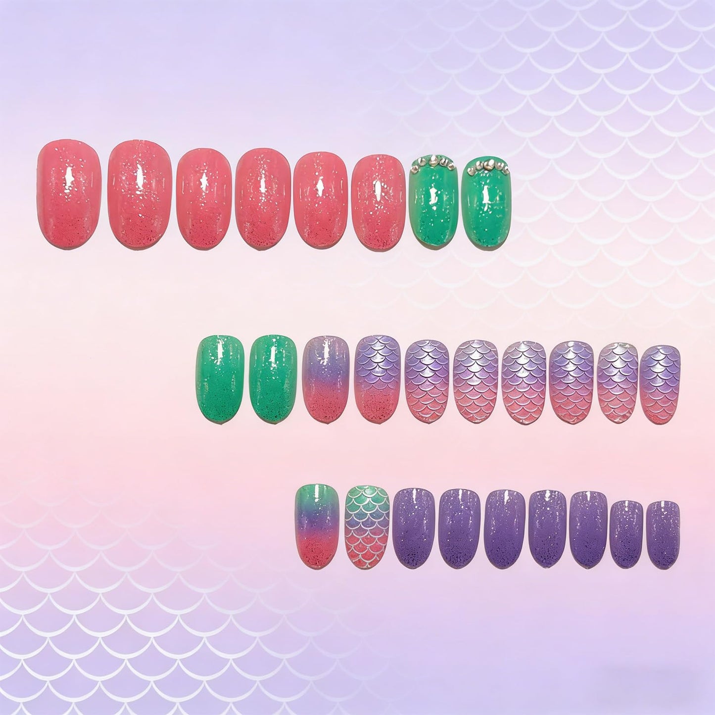 Mermaid Press on Nails Short Oval Fake Nails with Gradient Glitter Rhinestone Designs Ocean Press on False Nails Colorful Acrylic Nail Full Cover Artificial Stick on Nail for Women 24Pcs