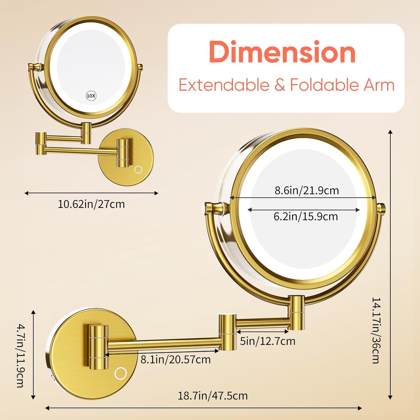Magnifying Makeup Mirror - 8.5" Double-Sided Wall-Mounted Vanity Mirror with Dimmable LED Lights & 10X Magnification | Brushed Gold