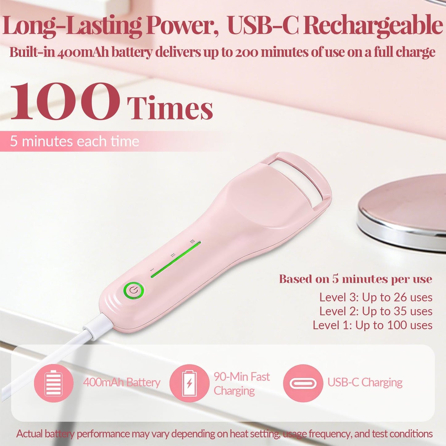Heated Eyelash Curler, 3 Heat Levels, 8s Fast Heat, 24H Natural C-Curl Lift, Anti-Burn Silicone Pad, USB-C Rechargeable, Auto Shut-Off, Wide-Arc Design for Fine, Thick & False Lashes