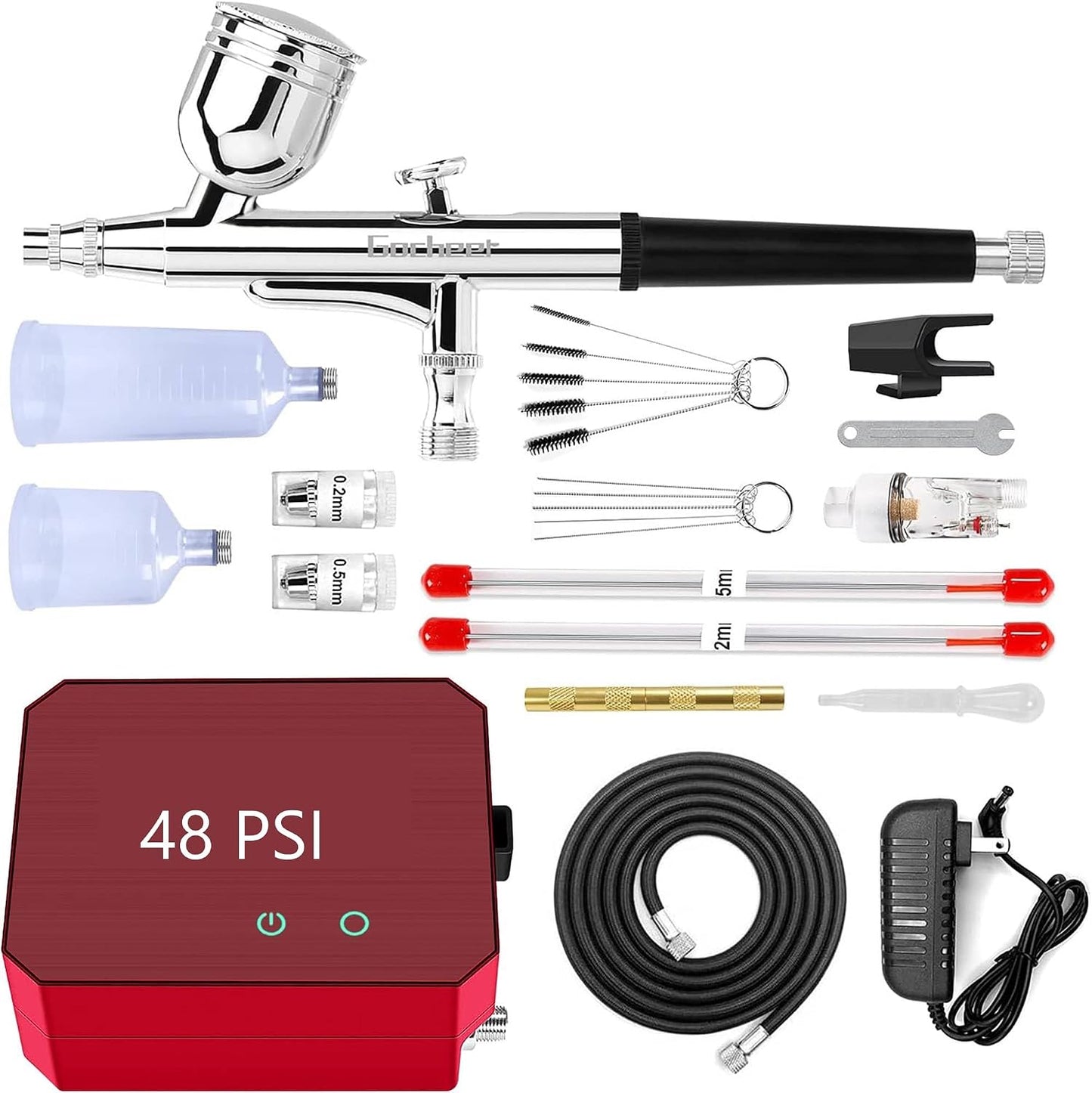 Airbrush Kit with Air Compressor - High Pressure 40 PSI, Non-Clogging | 0.2/0.3/0.5mm Nozzles for Painting, Modeling, Makeup