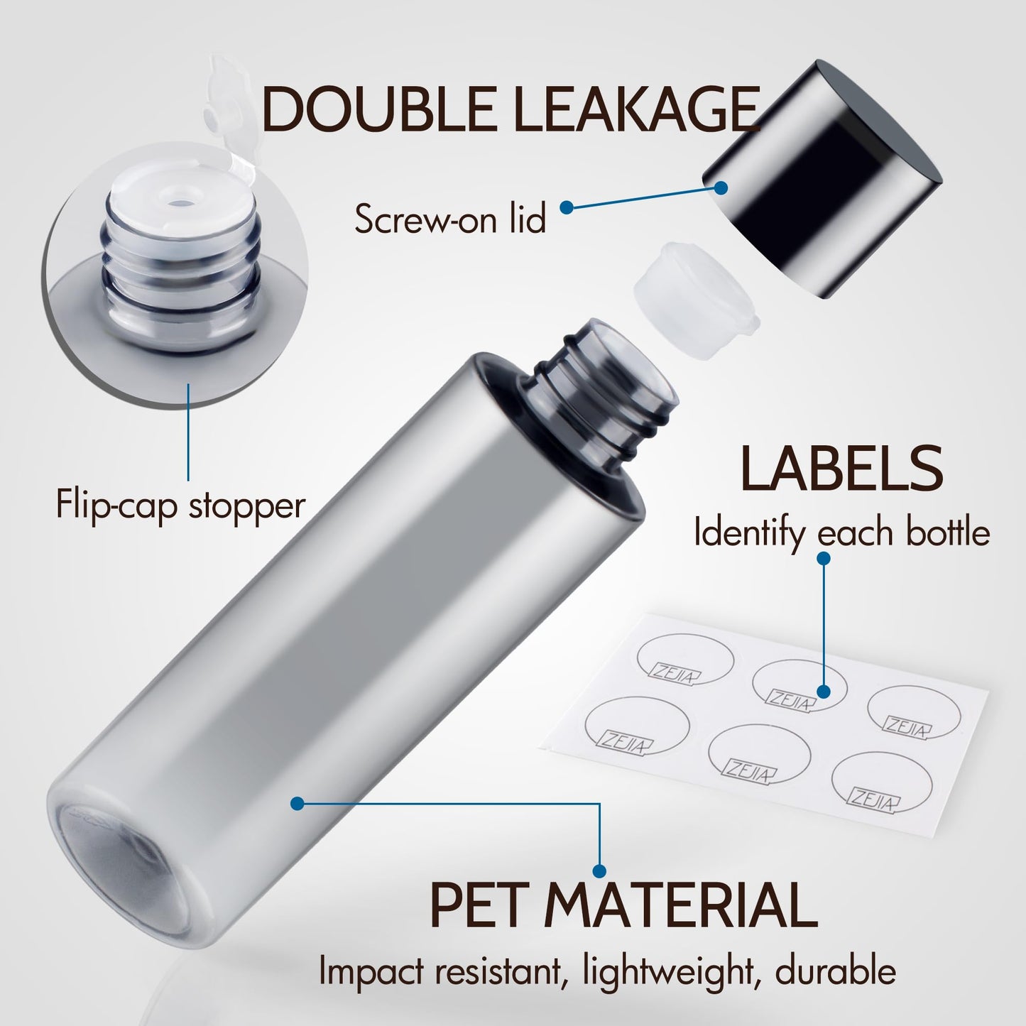 ZEJIA 150ML/5OZ Travel Size Toiletries, 3 Pack Travel Size Containers, Leak Proof Plastic Bottles for Shampoo, Lotion, Body Wash with 6pcs Labels