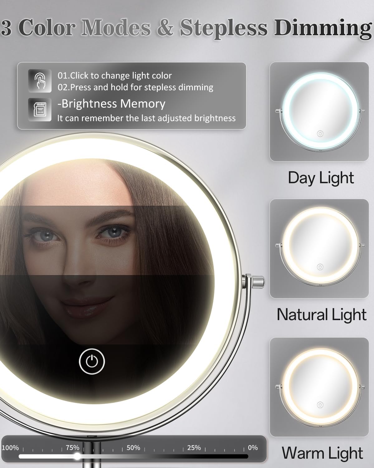 Lighted Makeup Mirror with Adjustable Height - 1X/30X Magnifying, 3000mAh Rechargeable, Dual-Sided Vanity Mirror with 3 LED Lighting Options | Perfect Gift for Women