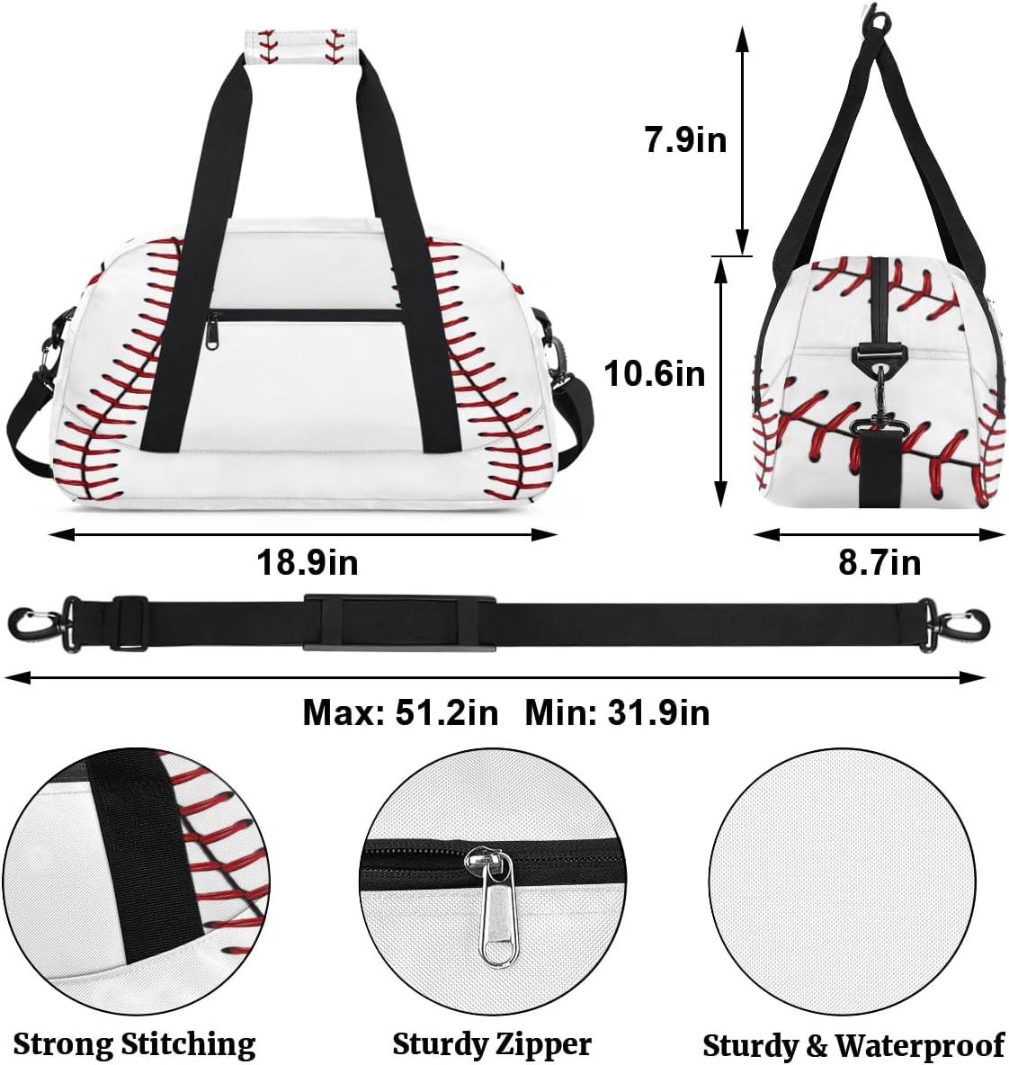 Kids Gym Bags - Waterproof Baseball Lace Sports Duffel Bag | Travel Overnight Weekender Tote for Boys