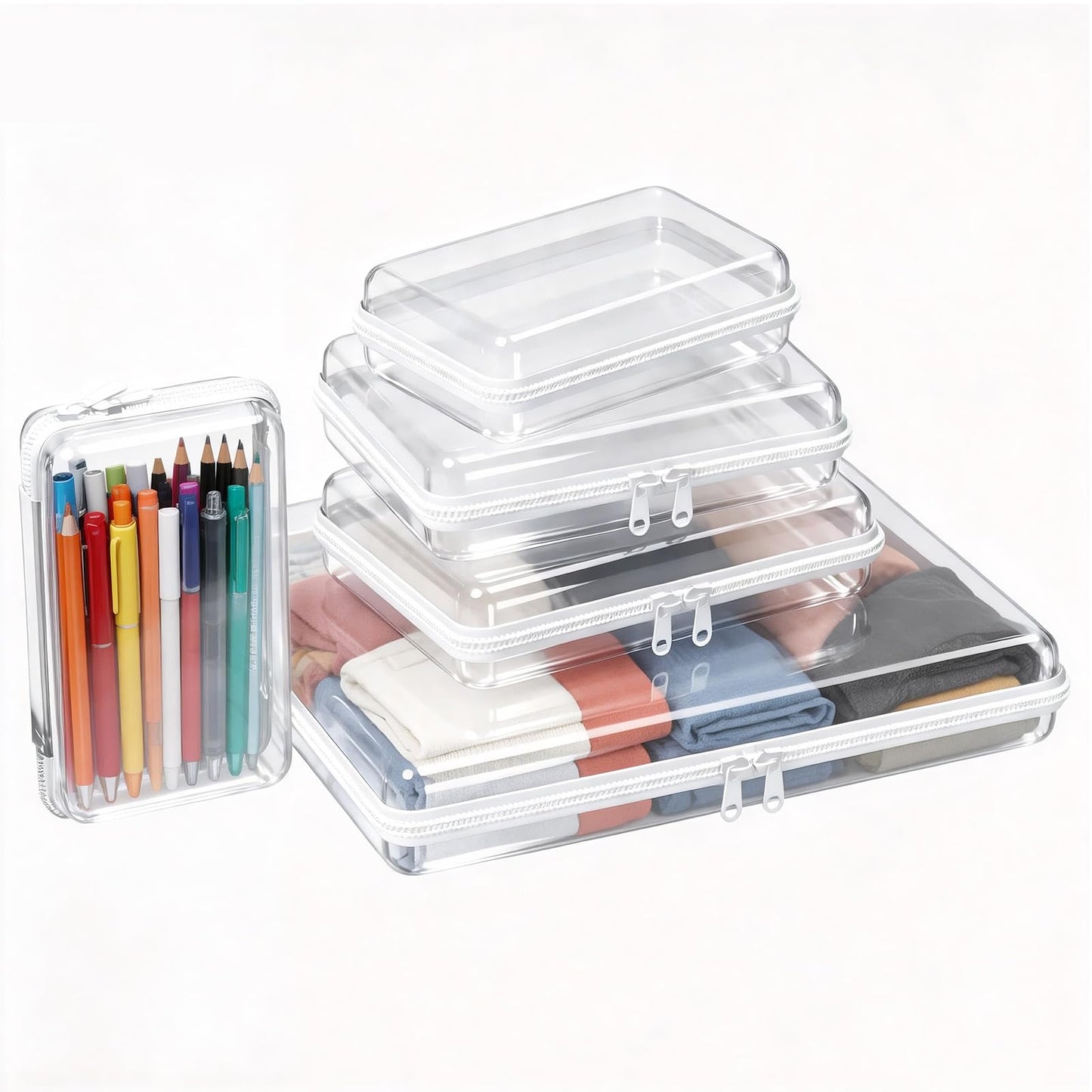 5 Pack Clear Hard Shell Zipper Case (2S,2M,XL), 1.2mm Crush-Proof Transparent Storage Pouches, Hard Plastic Packing Cubes & Organizer Bags for Travel, Pencil, Cosmetics, Toiletry, Toys Storage