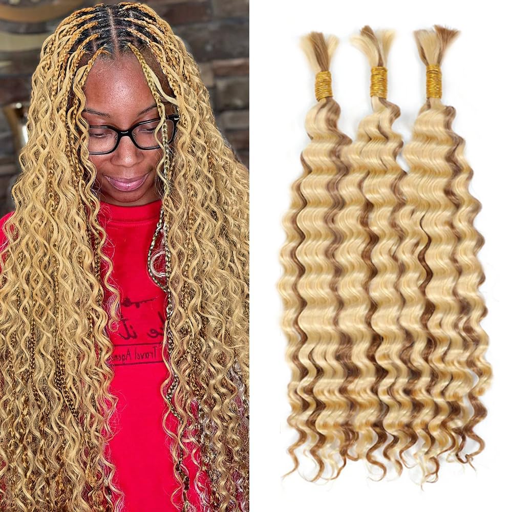 613 Boho Human Hair Braiding 27 613 Blonde Boho Human Hair Braiding Blonde Braids Deep Wave Knotless Bulk 27/613 Braids 14 14 14 Inch
