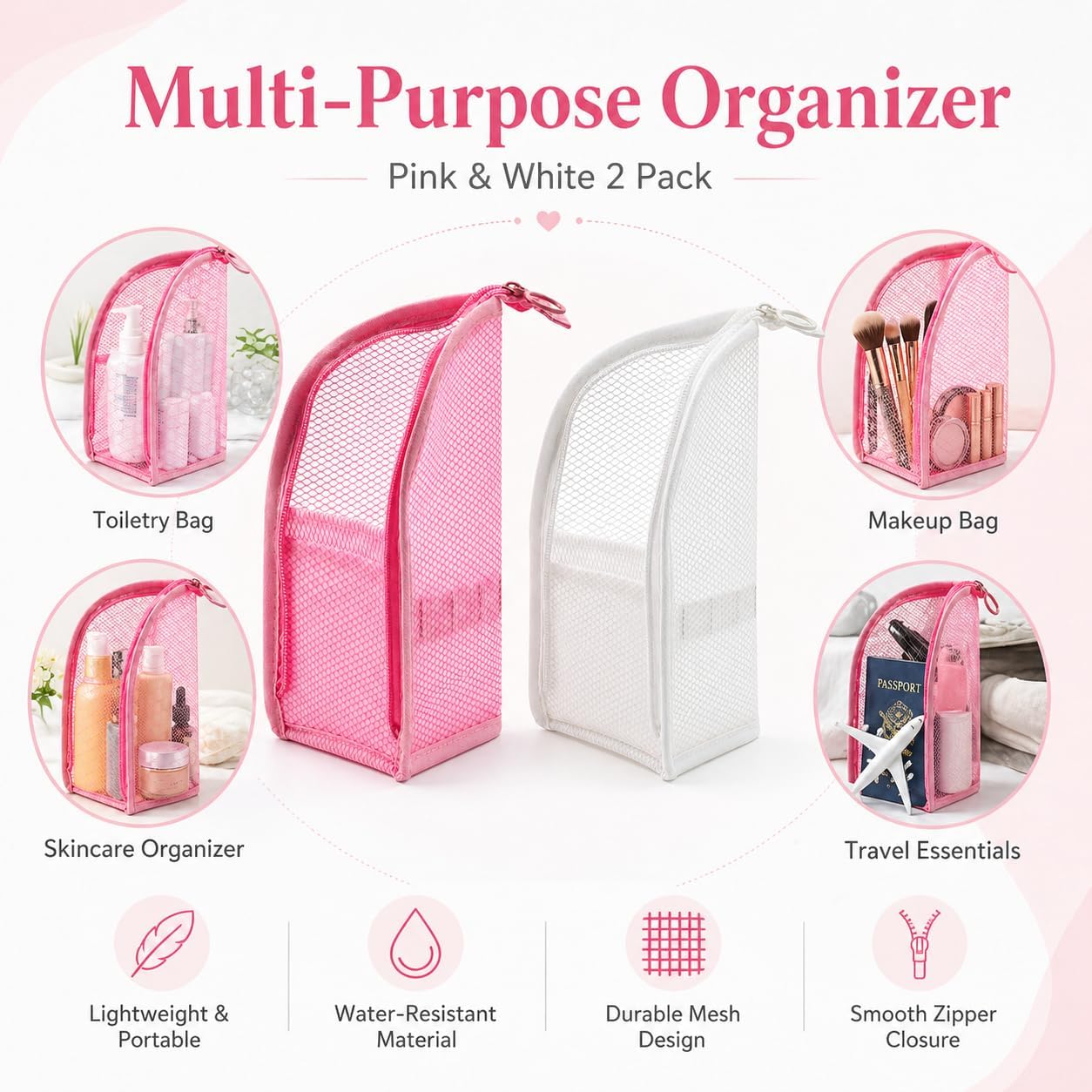 Portable Travel Toiletry Bag - 2 Pcs EVA Mesh Organizer with Waterproof Zipper | Lightweight & Dust-Free